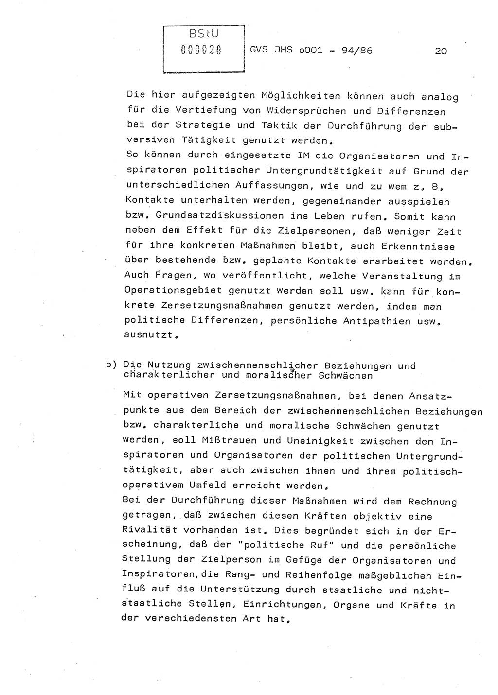 Diplomarbeit Oberleutnant Volkmar Pechmann (HA ⅩⅩ/5), Ministerium für Staatssicherheit (MfS) [Deutsche Demokratische Republik (DDR)], Juristische Hochschule (JHS), Geheime Verschlußsache (GVS) o001-94/86, Potsdam 1986, Blatt 20 (Dipl.-Arb. MfS DDR JHS GVS o001-94/86 1986, Bl. 20)