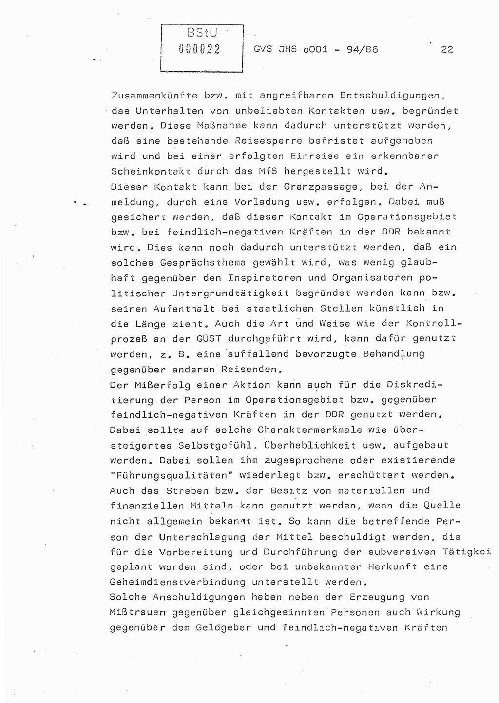 Diplomarbeit Oberleutnant Volkmar Pechmann (HA ⅩⅩ/5), Ministerium für Staatssicherheit (MfS) [Deutsche Demokratische Republik (DDR)], Juristische Hochschule (JHS), Geheime Verschlußsache (GVS) o001-94/86, Potsdam 1986, Blatt 22 (Dipl.-Arb. MfS DDR JHS GVS o001-94/86 1986, Bl. 22)