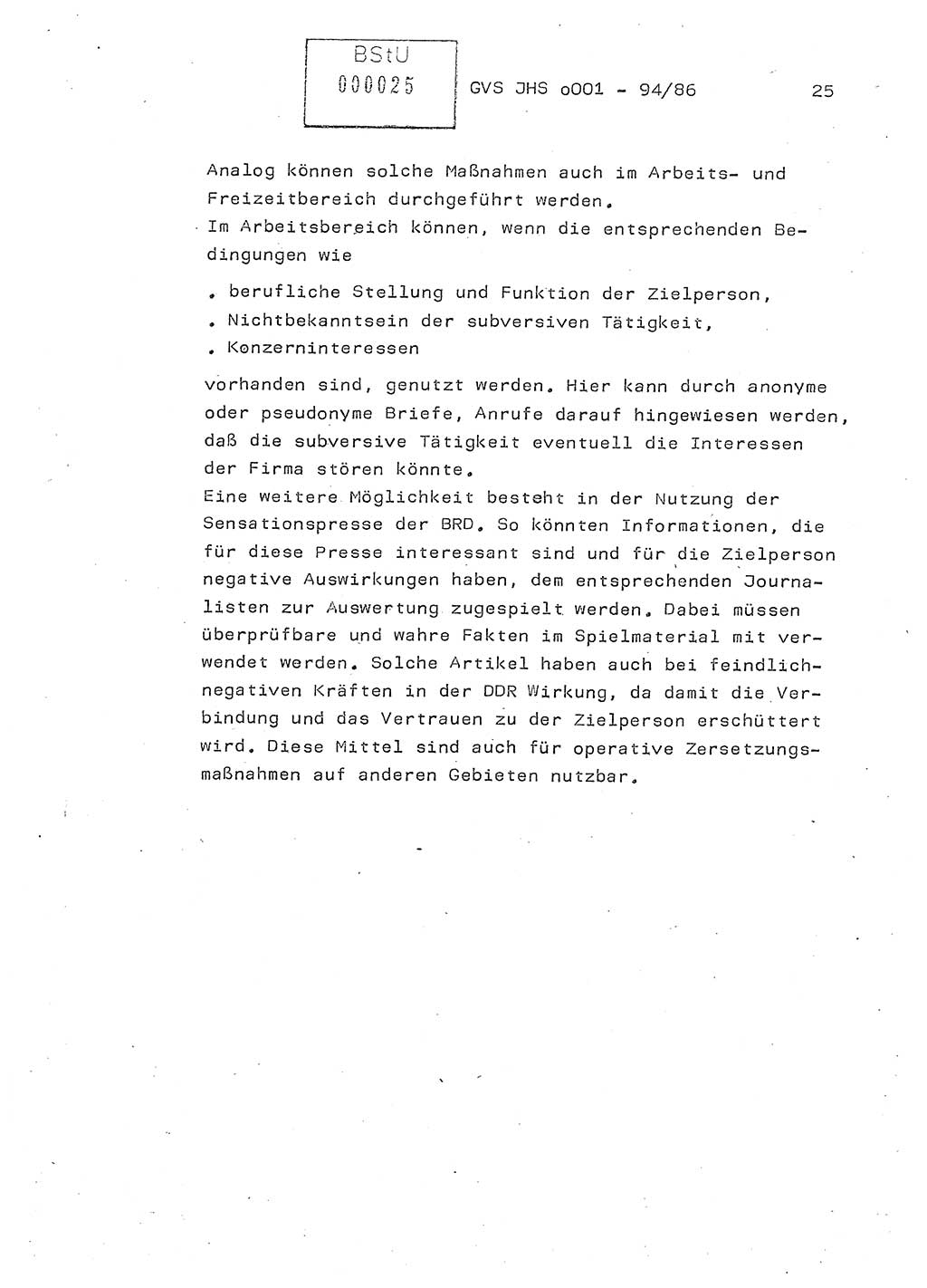 Diplomarbeit Oberleutnant Volkmar Pechmann (HA ⅩⅩ/5), Ministerium für Staatssicherheit (MfS) [Deutsche Demokratische Republik (DDR)], Juristische Hochschule (JHS), Geheime Verschlußsache (GVS) o001-94/86, Potsdam 1986, Blatt 25 (Dipl.-Arb. MfS DDR JHS GVS o001-94/86 1986, Bl. 25)