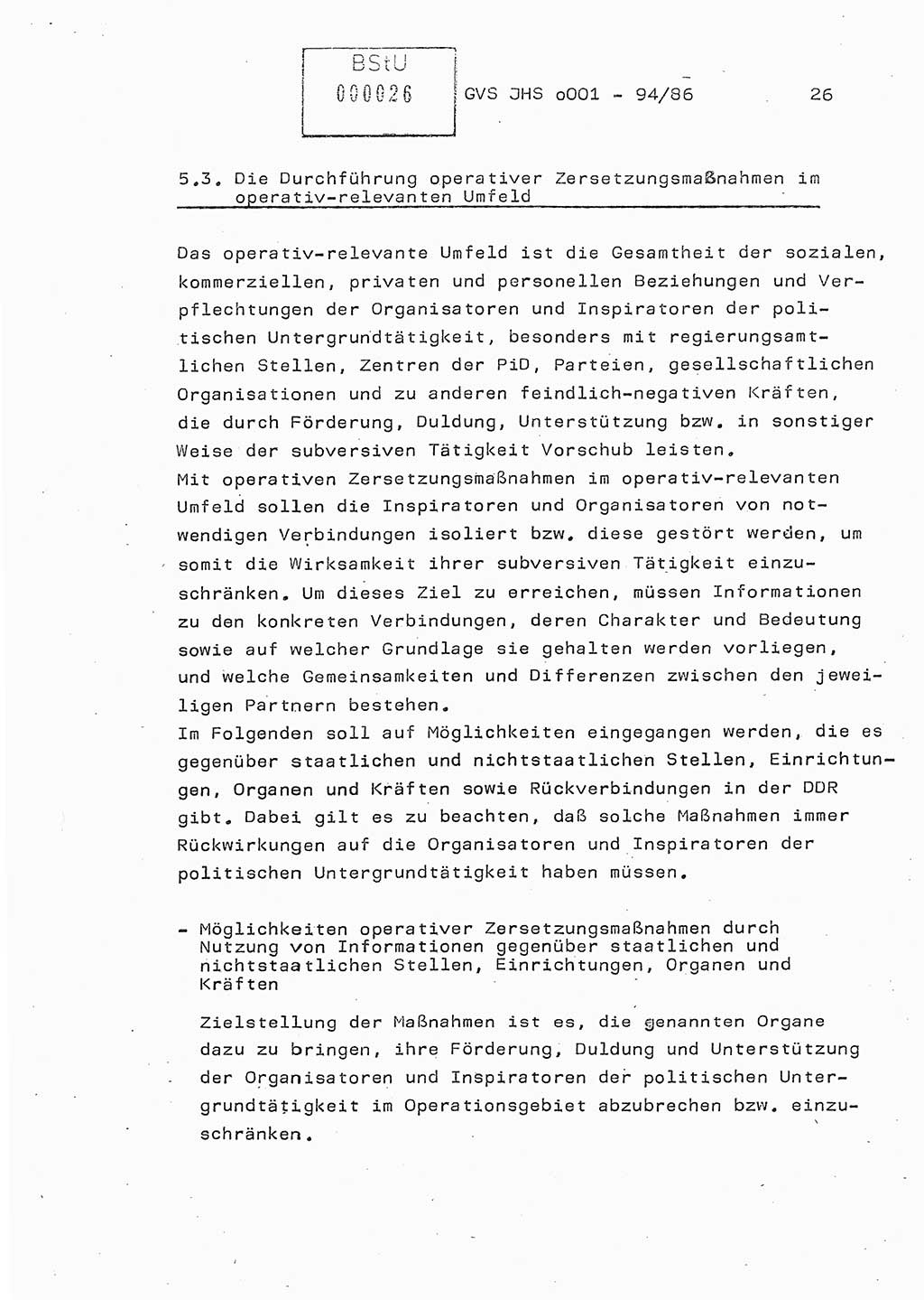 Diplomarbeit Oberleutnant Volkmar Pechmann (HA ⅩⅩ/5), Ministerium für Staatssicherheit (MfS) [Deutsche Demokratische Republik (DDR)], Juristische Hochschule (JHS), Geheime Verschlußsache (GVS) o001-94/86, Potsdam 1986, Blatt 26 (Dipl.-Arb. MfS DDR JHS GVS o001-94/86 1986, Bl. 26)