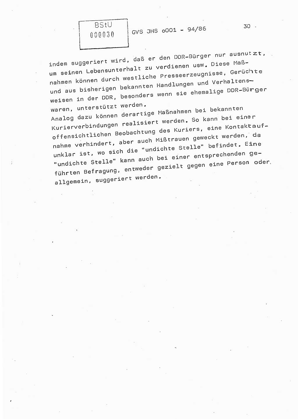 Diplomarbeit Oberleutnant Volkmar Pechmann (HA ⅩⅩ/5), Ministerium für Staatssicherheit (MfS) [Deutsche Demokratische Republik (DDR)], Juristische Hochschule (JHS), Geheime Verschlußsache (GVS) o001-94/86, Potsdam 1986, Blatt 30 (Dipl.-Arb. MfS DDR JHS GVS o001-94/86 1986, Bl. 30)