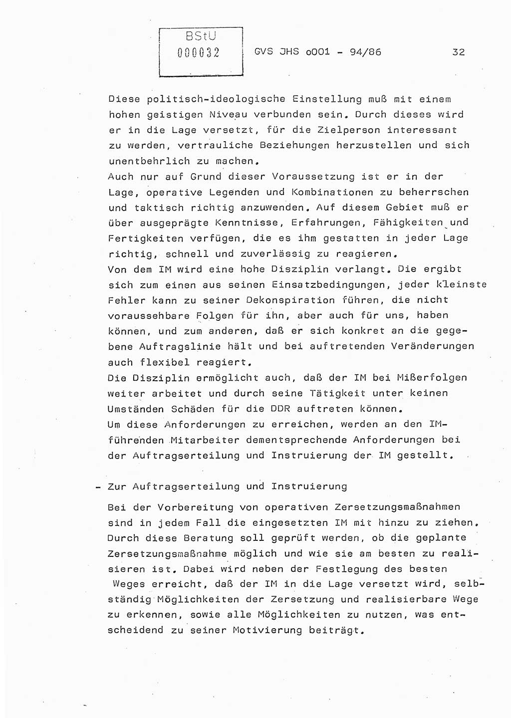 Diplomarbeit Oberleutnant Volkmar Pechmann (HA ⅩⅩ/5), Ministerium für Staatssicherheit (MfS) [Deutsche Demokratische Republik (DDR)], Juristische Hochschule (JHS), Geheime Verschlußsache (GVS) o001-94/86, Potsdam 1986, Blatt 32 (Dipl.-Arb. MfS DDR JHS GVS o001-94/86 1986, Bl. 32)