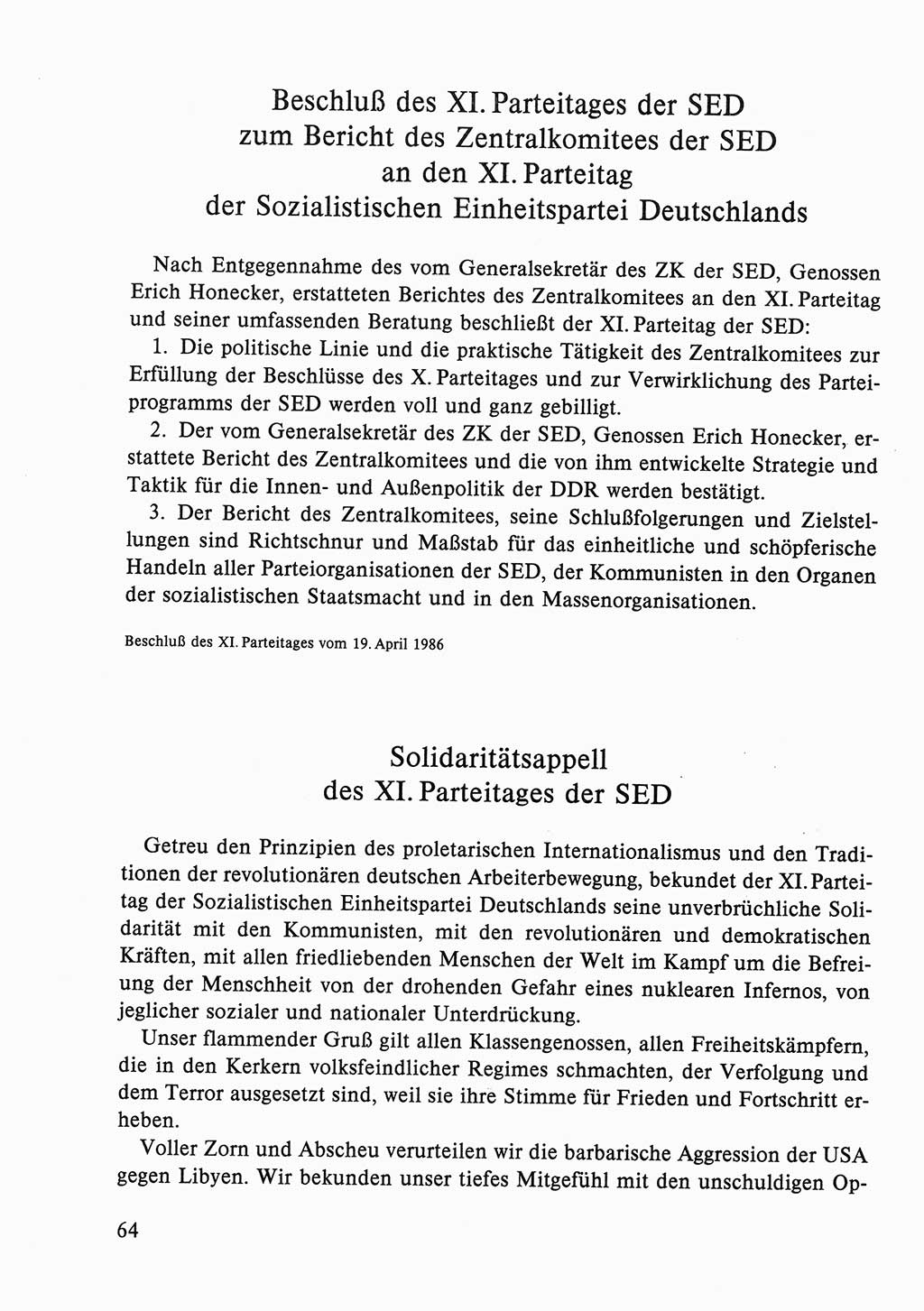 Dokumente der Sozialistischen Einheitspartei Deutschlands (SED) [Deutsche Demokratische Republik (DDR)] 1986-1987, Seite 64 (Dok. SED DDR 1986-1987, S. 64)