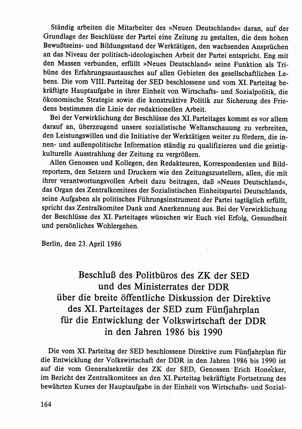 Dokumente der Sozialistischen Einheitspartei Deutschlands (SED) [Deutsche Demokratische Republik (DDR)] 1986-1987, Seite 164 (Dok. SED DDR 1986-1987, S. 164)