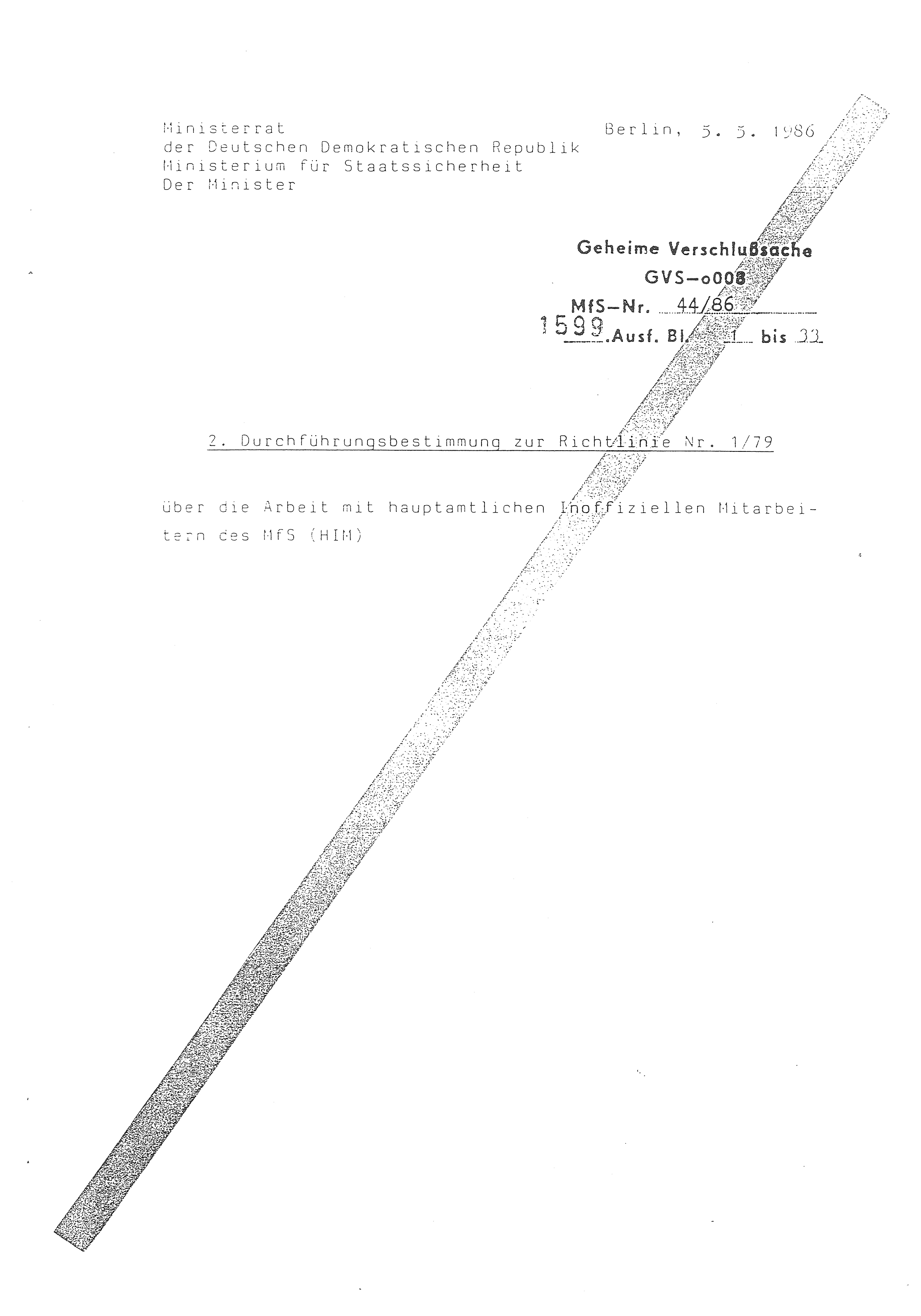 2. Durchführungsbestimmung zur Richtlinie 1/79 über die Arbeit mit hauptamtlichen Mitarbeitern des MfS (HIM), Deutsche Demokratische Republik (DDR), Ministerium für Staatssicherheit (MfS), Der Minister (Mielke), Geheime Verschlußsache (GVS) ooo8-44/86, Berlin 1986, Seite 2 (2. DB RL 1/79 DDR MfS Min. GVS ooo8-44/86 1986, S. 2)