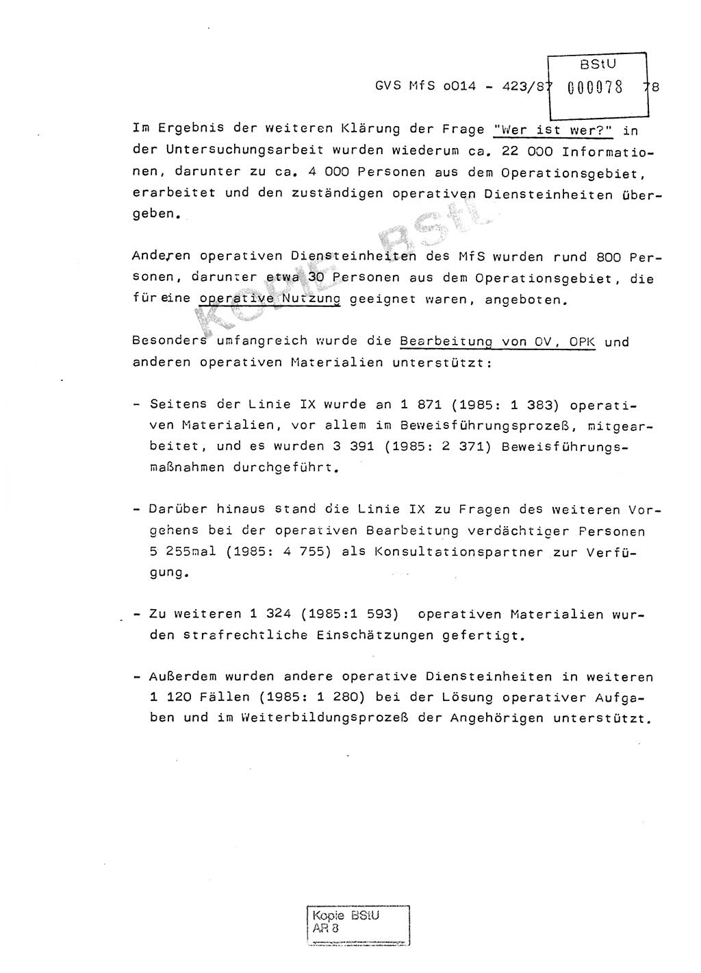 Jahresbericht der Hauptabteilung (HA) Ⅸ 1986, Einschätzung der Wirksamkeit der Untersuchungsarbeit im Jahre 1986, Ministerium für Staatssicherheit (MfS) der Deutschen Demokratischen Republik (DDR), Hauptabteilung Ⅸ, Geheime Verschlußsache (GVS) o014-423/87, Berlin 1987, Seite 78 (Einsch. MfS DDR HA Ⅸ GVS o014-423/87 1986, S. 78)