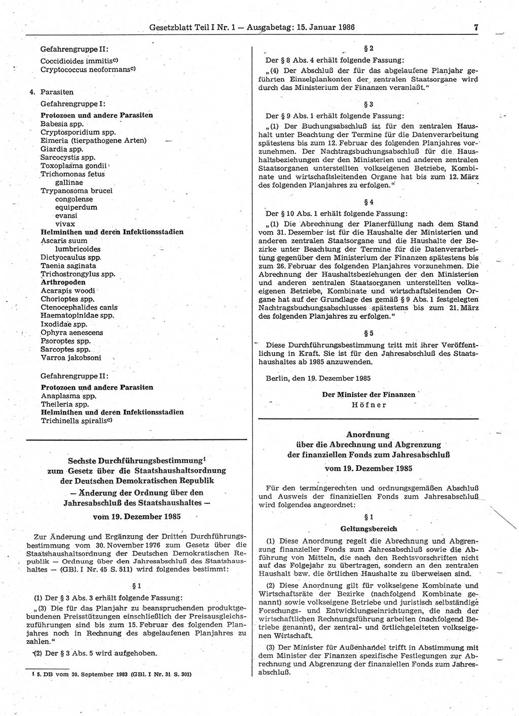 Gesetzblatt (GBl.) der Deutschen Demokratischen Republik (DDR) Teil Ⅰ 1986, Seite 7 (GBl. DDR Ⅰ 1986, S. 7)