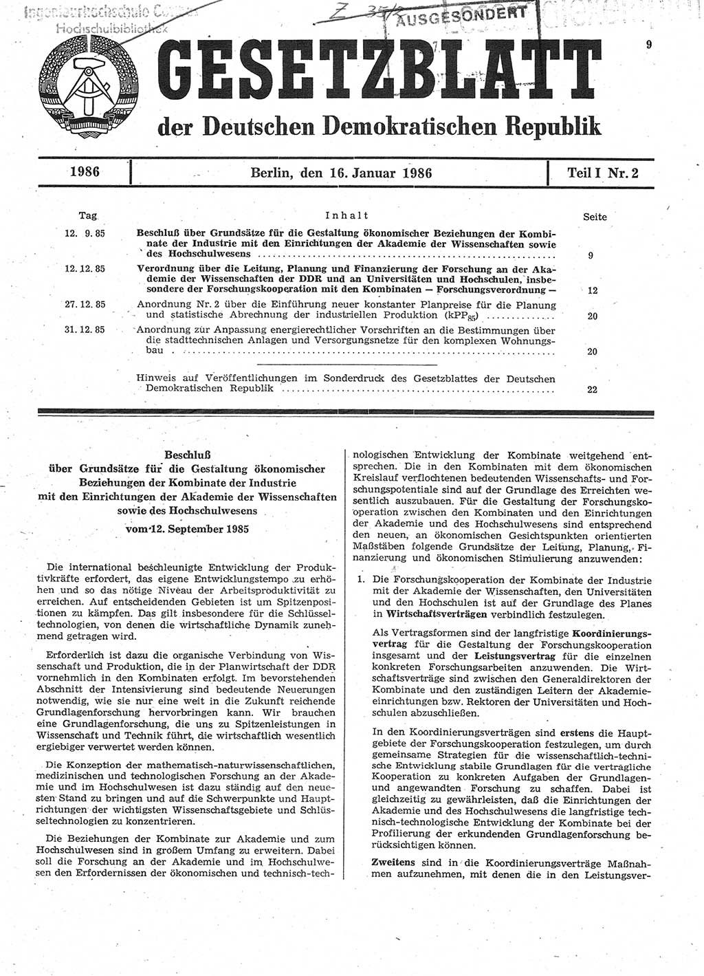 Gesetzblatt (GBl.) der Deutschen Demokratischen Republik (DDR) Teil Ⅰ 1986, Seite 9 (GBl. DDR Ⅰ 1986, S. 9)