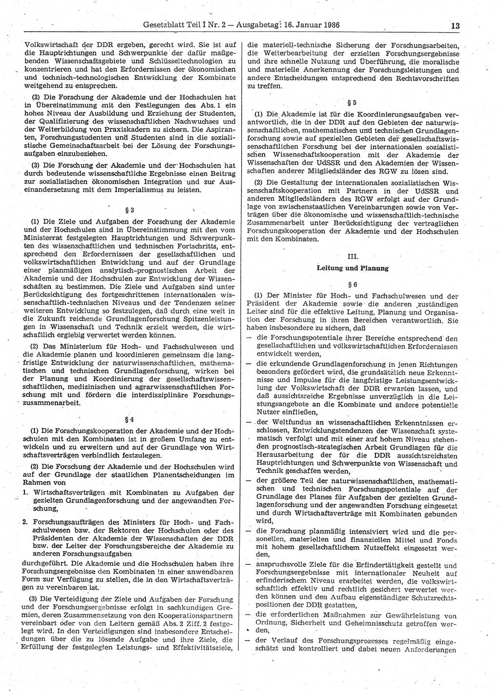 Gesetzblatt (GBl.) der Deutschen Demokratischen Republik (DDR) Teil Ⅰ 1986, Seite 13 (GBl. DDR Ⅰ 1986, S. 13)