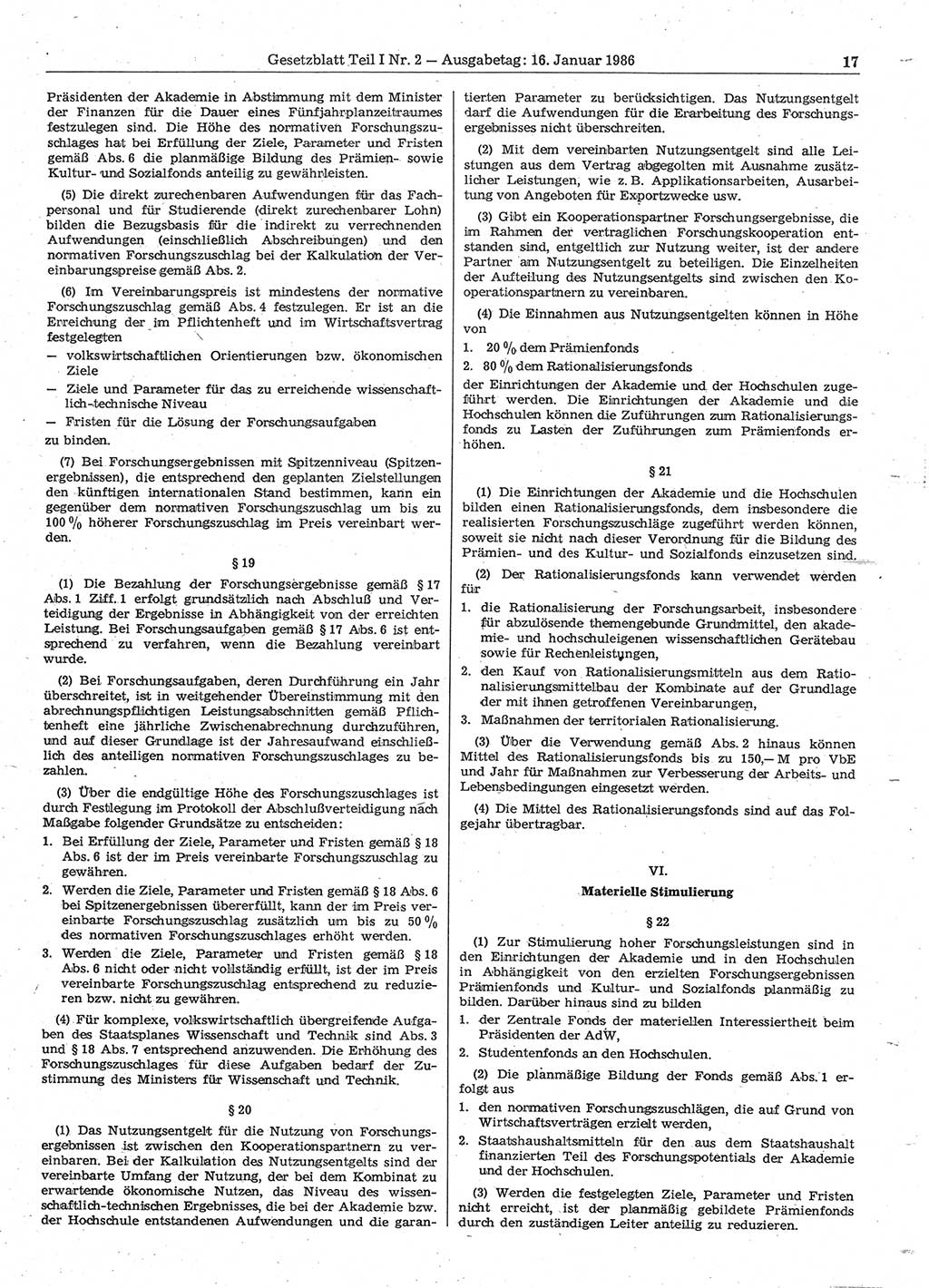 Gesetzblatt (GBl.) der Deutschen Demokratischen Republik (DDR) Teil Ⅰ 1986, Seite 17 (GBl. DDR Ⅰ 1986, S. 17)