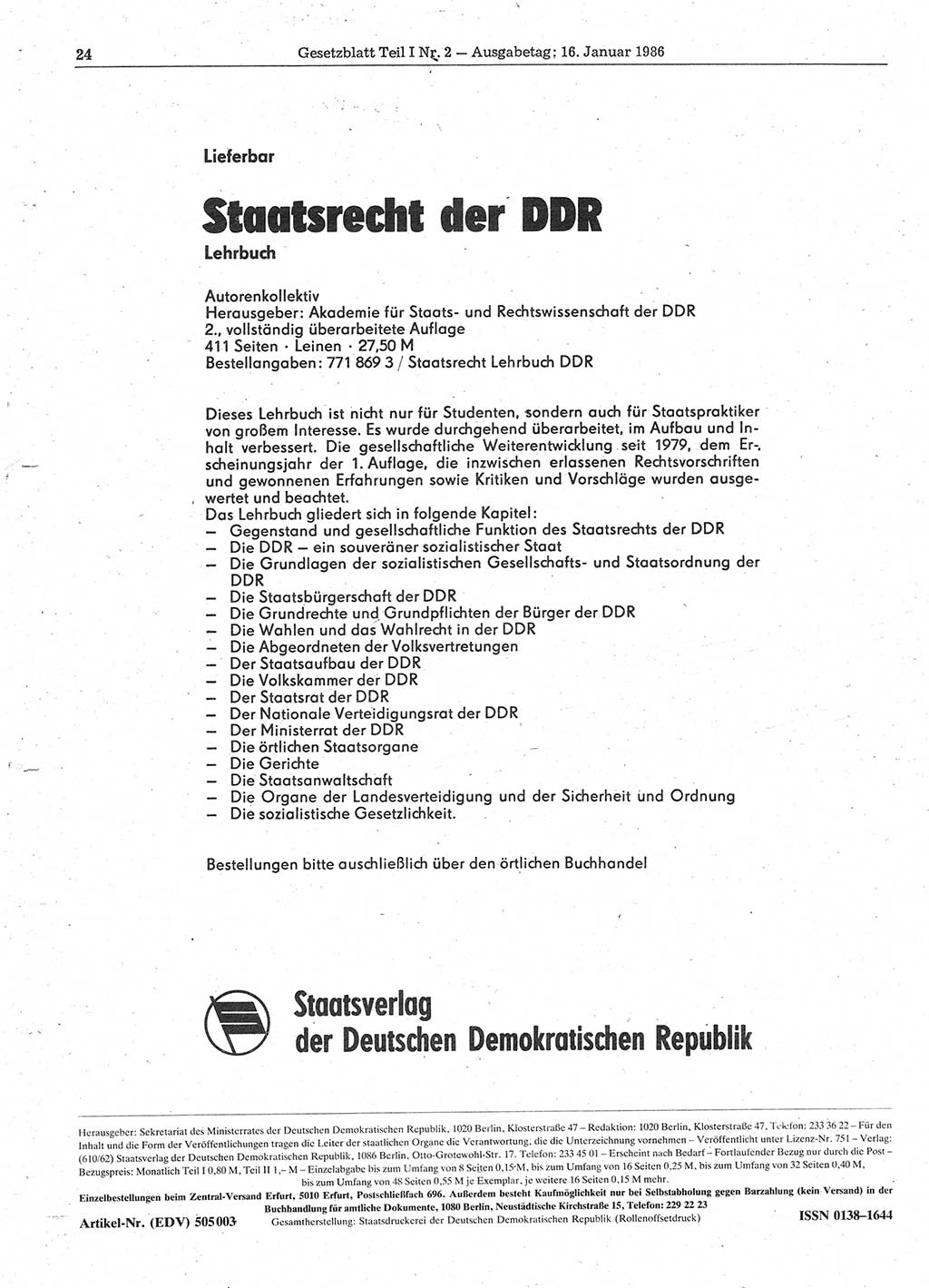 Gesetzblatt (GBl.) der Deutschen Demokratischen Republik (DDR) Teil Ⅰ 1986, Seite 24 (GBl. DDR Ⅰ 1986, S. 24)