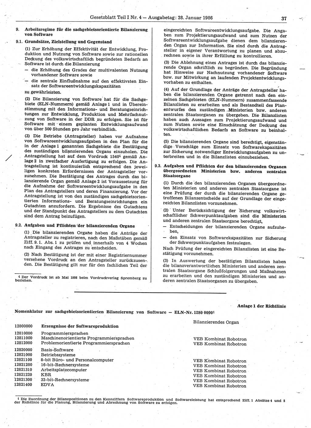 Gesetzblatt (GBl.) der Deutschen Demokratischen Republik (DDR) Teil Ⅰ 1986, Seite 37 (GBl. DDR Ⅰ 1986, S. 37)