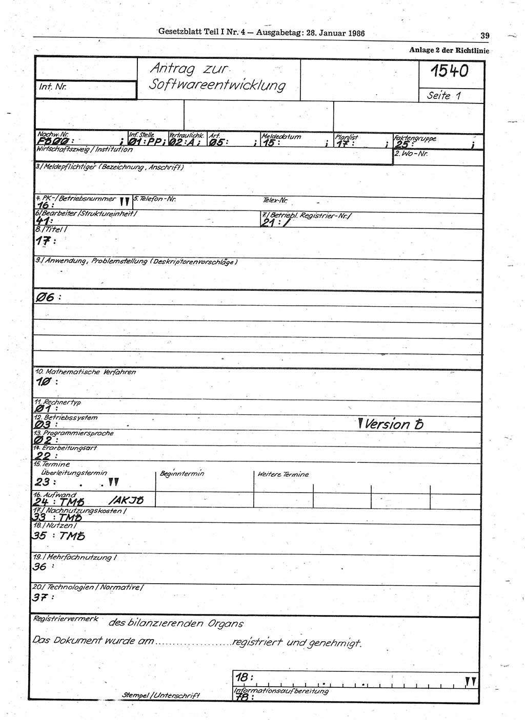 Gesetzblatt (GBl.) der Deutschen Demokratischen Republik (DDR) Teil Ⅰ 1986, Seite 39 (GBl. DDR Ⅰ 1986, S. 39)