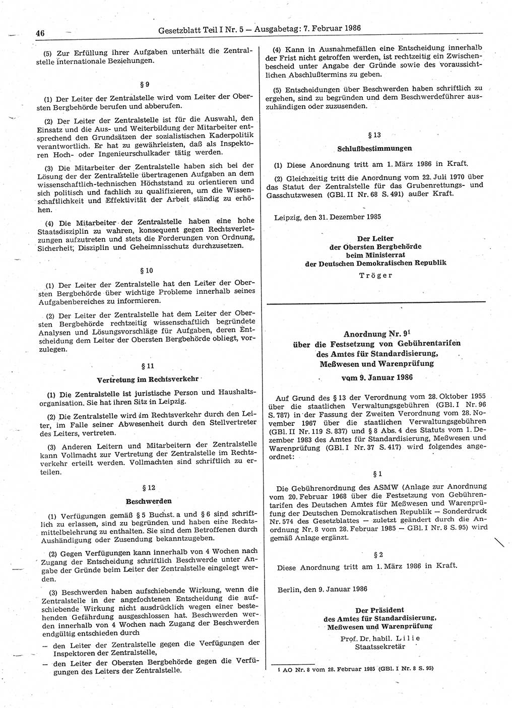 Gesetzblatt (GBl.) der Deutschen Demokratischen Republik (DDR) Teil Ⅰ 1986, Seite 46 (GBl. DDR Ⅰ 1986, S. 46)