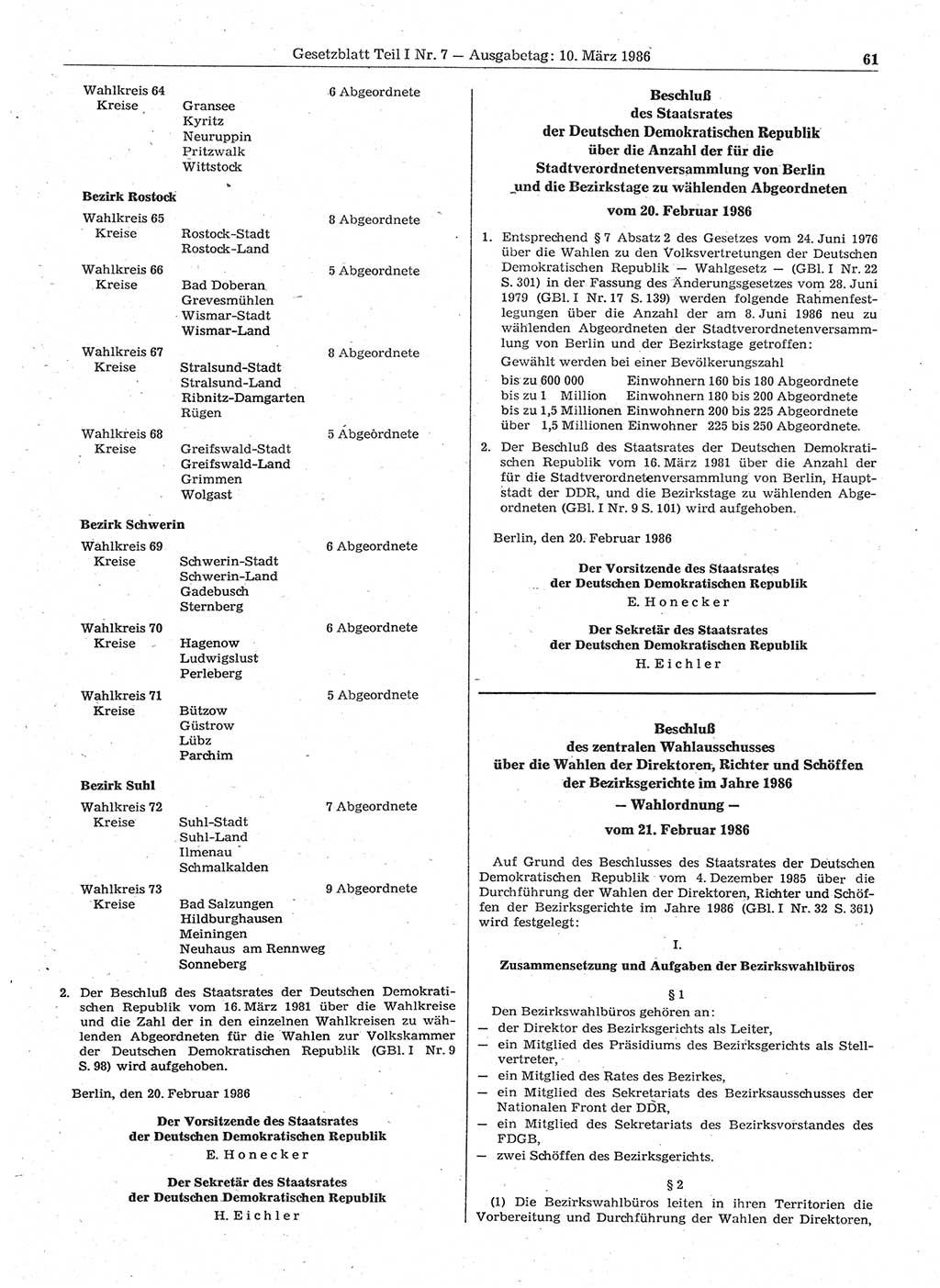 Gesetzblatt (GBl.) der Deutschen Demokratischen Republik (DDR) Teil Ⅰ 1986, Seite 61 (GBl. DDR Ⅰ 1986, S. 61)