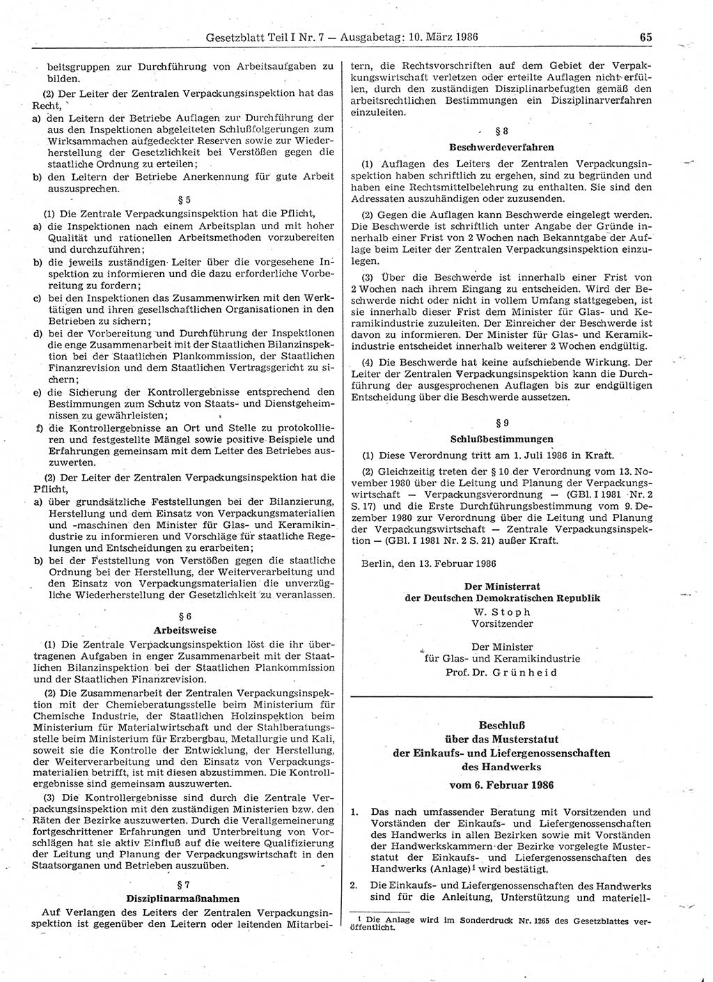 Gesetzblatt (GBl.) der Deutschen Demokratischen Republik (DDR) Teil Ⅰ 1986, Seite 65 (GBl. DDR Ⅰ 1986, S. 65)