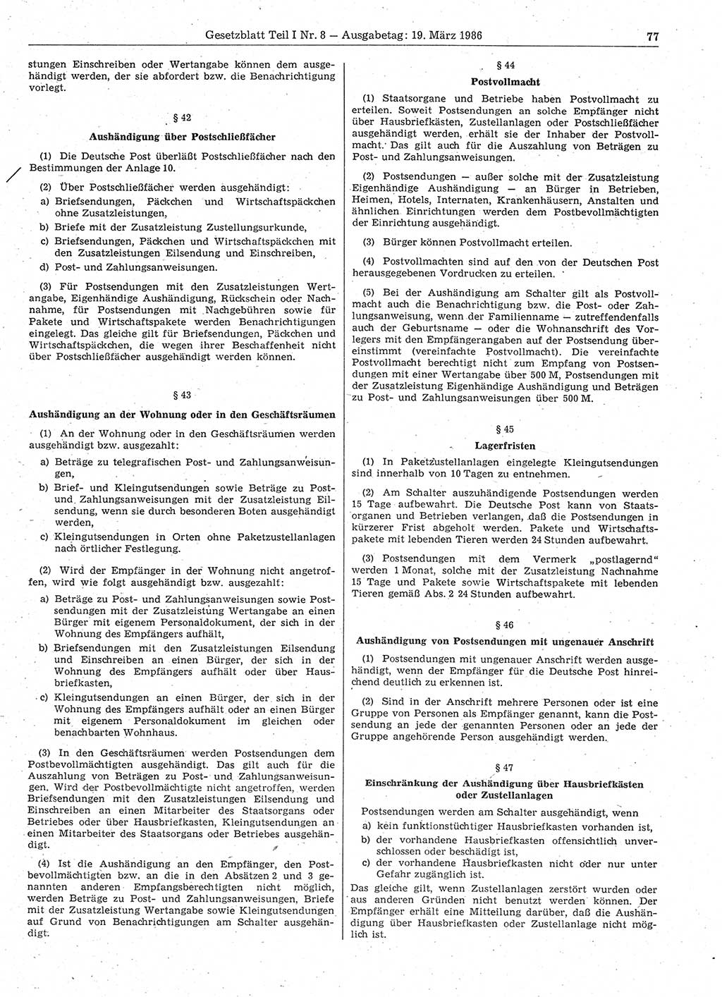 Gesetzblatt (GBl.) der Deutschen Demokratischen Republik (DDR) Teil Ⅰ 1986, Seite 77 (GBl. DDR Ⅰ 1986, S. 77)