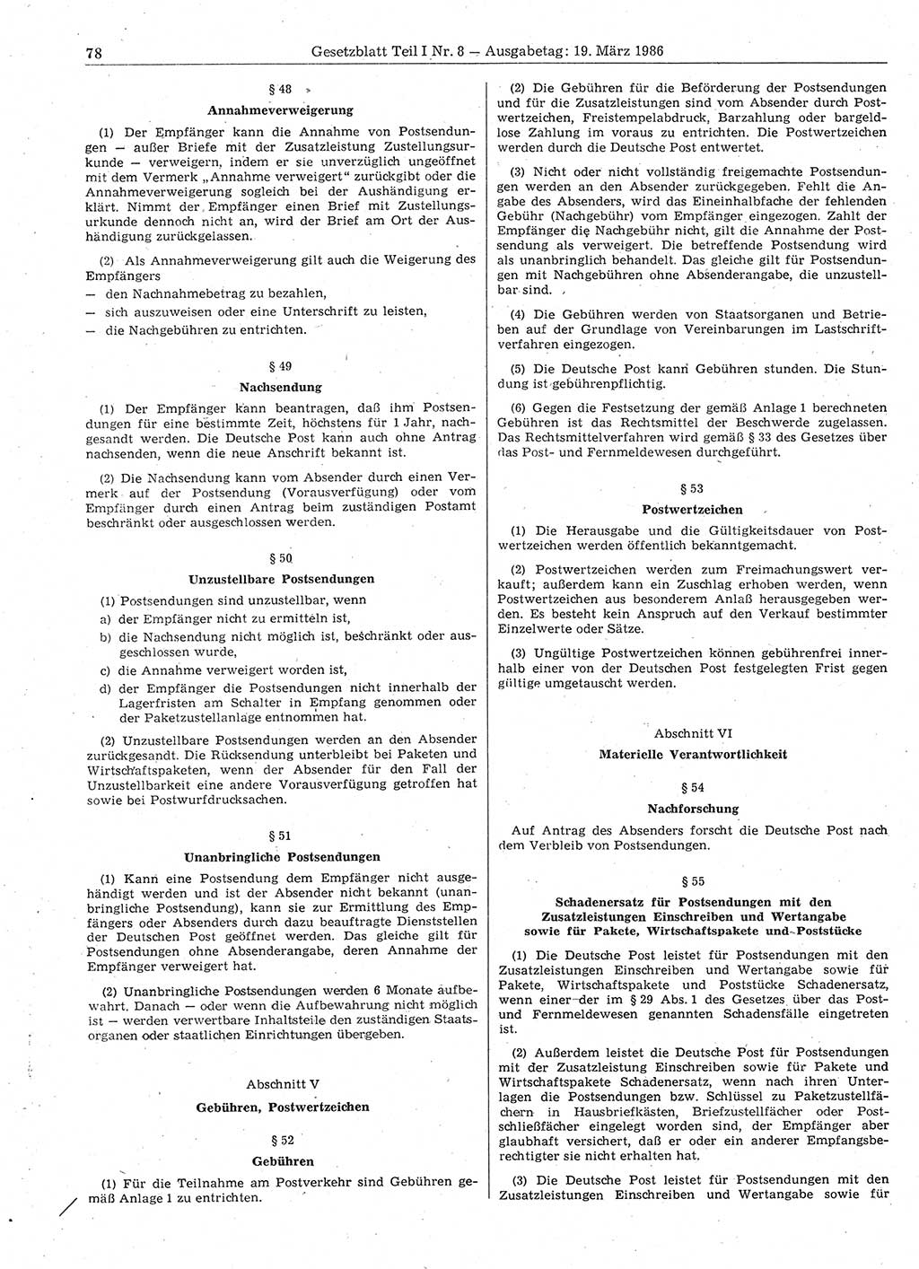Gesetzblatt (GBl.) der Deutschen Demokratischen Republik (DDR) Teil Ⅰ 1986, Seite 78 (GBl. DDR Ⅰ 1986, S. 78)