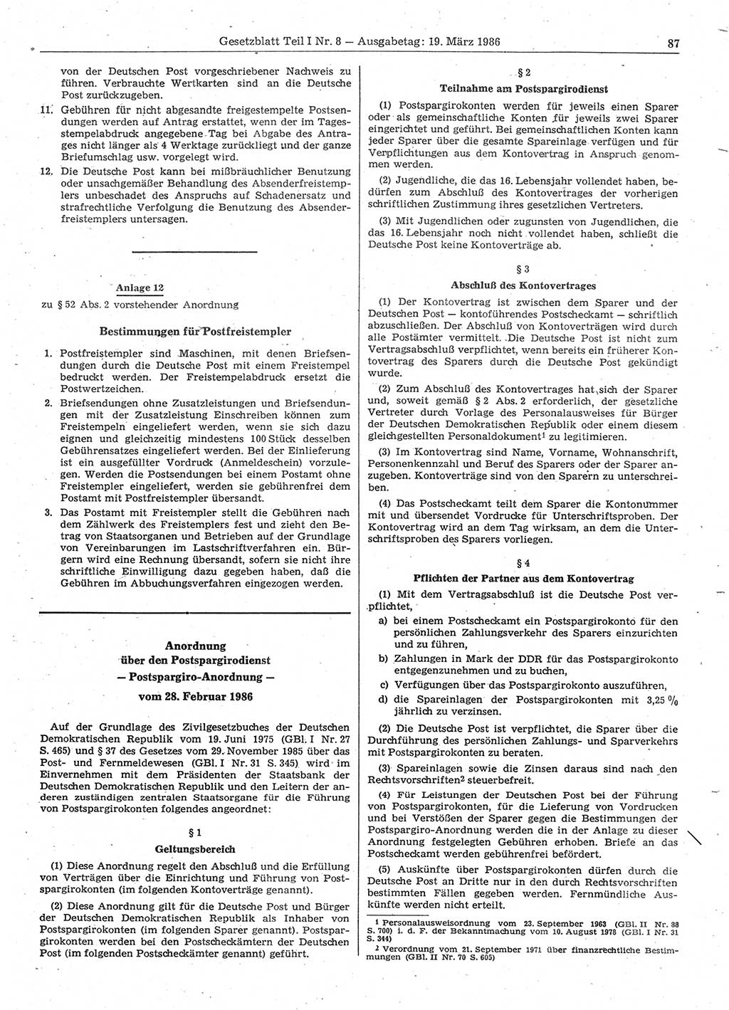 Gesetzblatt (GBl.) der Deutschen Demokratischen Republik (DDR) Teil Ⅰ 1986, Seite 87 (GBl. DDR Ⅰ 1986, S. 87)