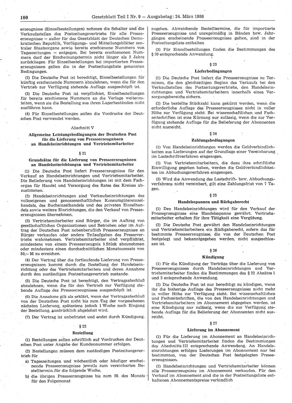 Gesetzblatt (GBl.) der Deutschen Demokratischen Republik (DDR) Teil Ⅰ 1986, Seite 100 (GBl. DDR Ⅰ 1986, S. 100)