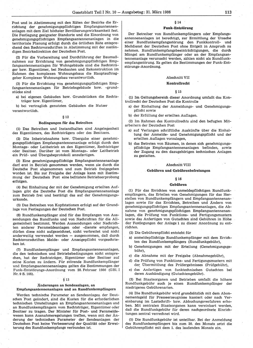 Gesetzblatt (GBl.) der Deutschen Demokratischen Republik (DDR) Teil Ⅰ 1986, Seite 113 (GBl. DDR Ⅰ 1986, S. 113)