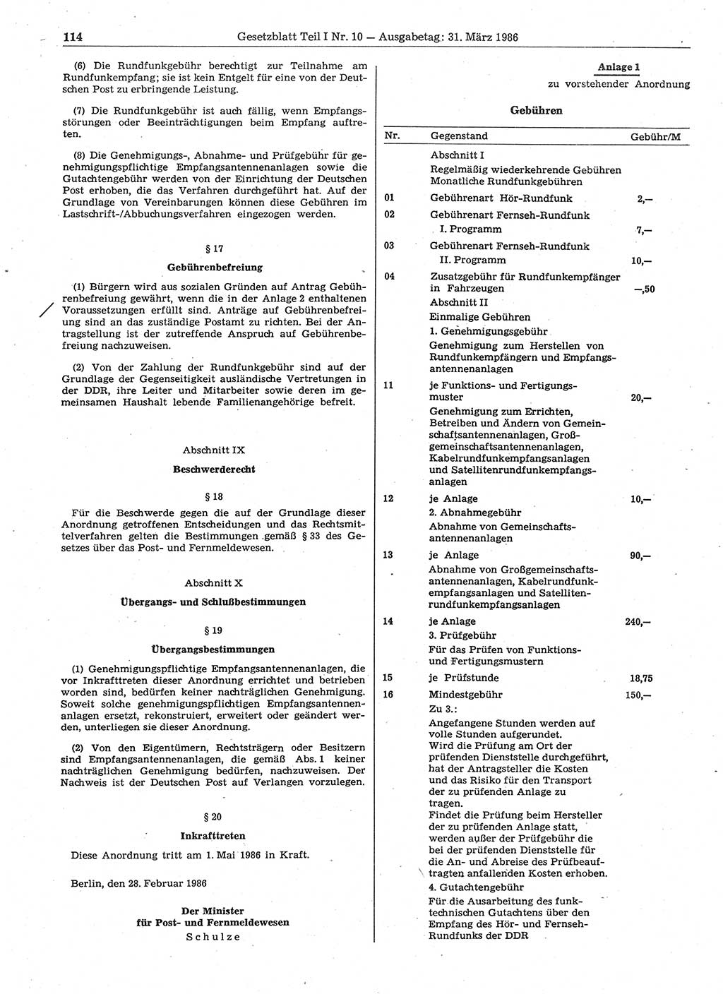 Gesetzblatt (GBl.) der Deutschen Demokratischen Republik (DDR) Teil Ⅰ 1986, Seite 114 (GBl. DDR Ⅰ 1986, S. 114)