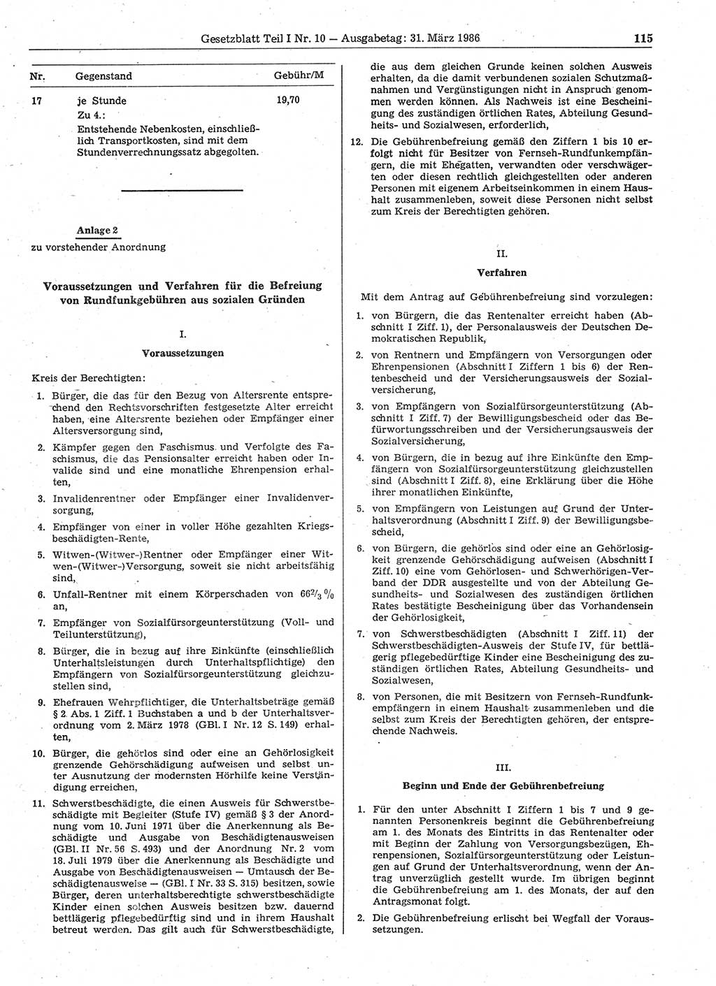 Gesetzblatt (GBl.) der Deutschen Demokratischen Republik (DDR) Teil Ⅰ 1986, Seite 115 (GBl. DDR Ⅰ 1986, S. 115)