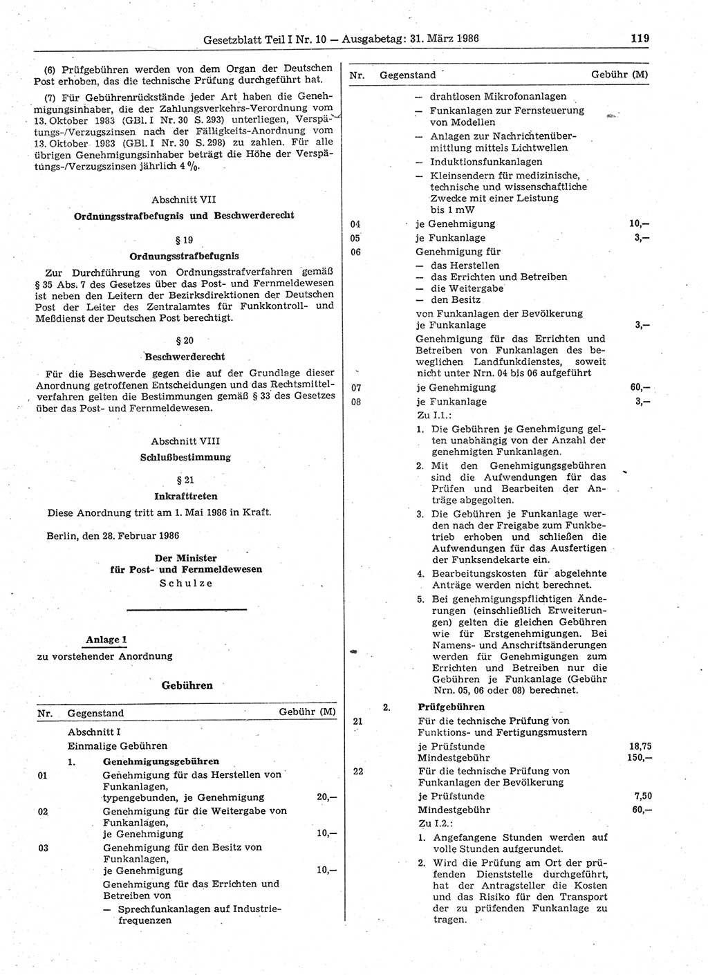 Gesetzblatt (GBl.) der Deutschen Demokratischen Republik (DDR) Teil Ⅰ 1986, Seite 119 (GBl. DDR Ⅰ 1986, S. 119)
