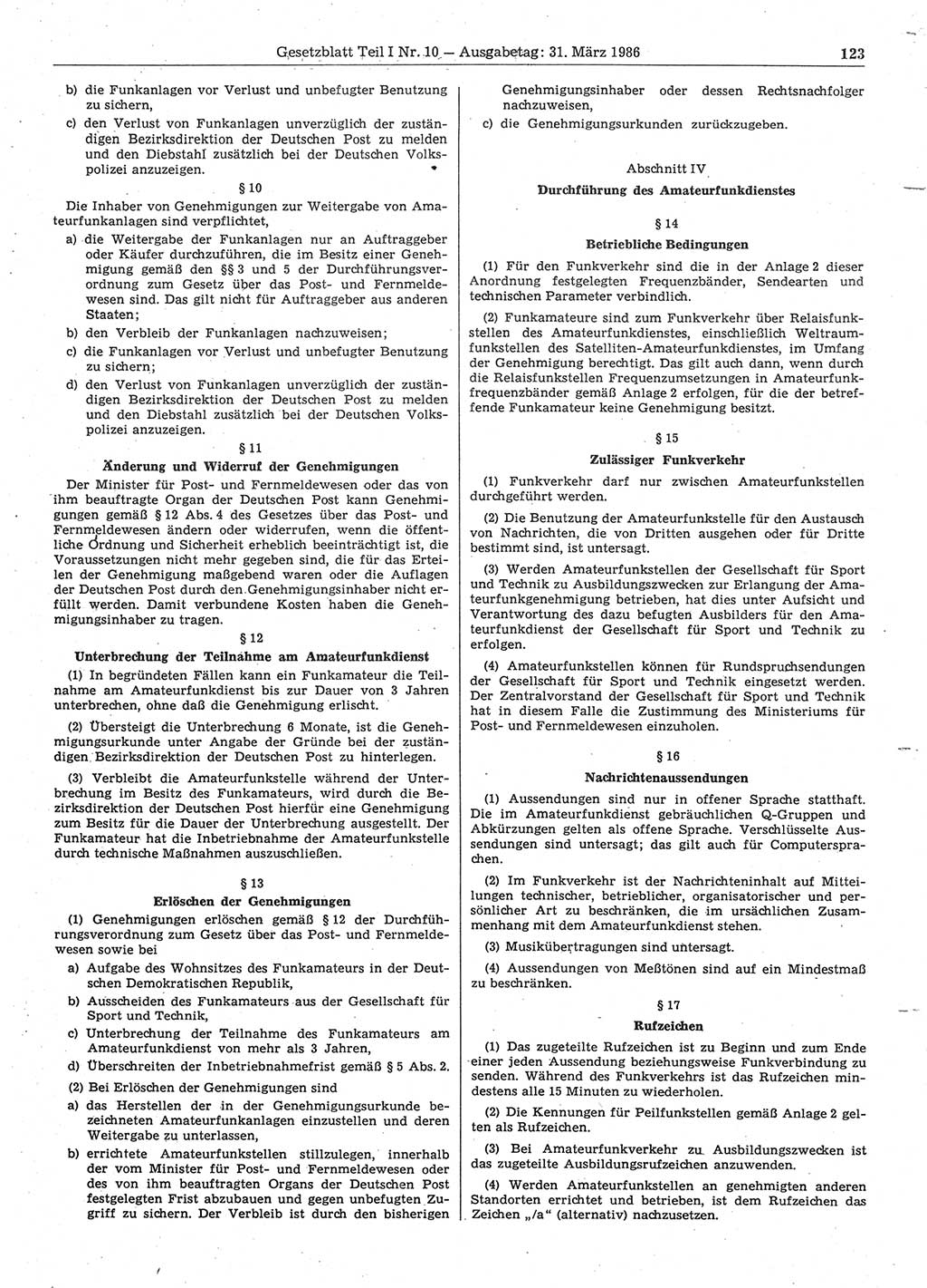 Gesetzblatt (GBl.) der Deutschen Demokratischen Republik (DDR) Teil Ⅰ 1986, Seite 123 (GBl. DDR Ⅰ 1986, S. 123)