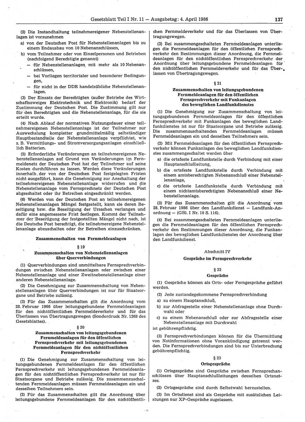 Gesetzblatt (GBl.) der Deutschen Demokratischen Republik (DDR) Teil Ⅰ 1986, Seite 137 (GBl. DDR Ⅰ 1986, S. 137)