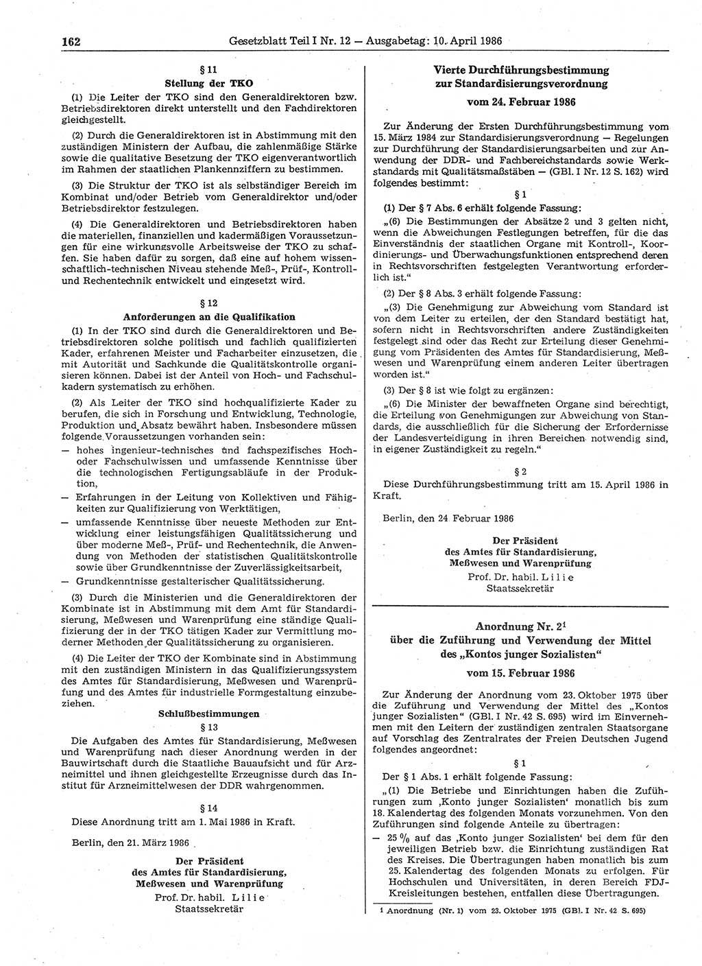 Gesetzblatt (GBl.) der Deutschen Demokratischen Republik (DDR) Teil Ⅰ 1986, Seite 162 (GBl. DDR Ⅰ 1986, S. 162)