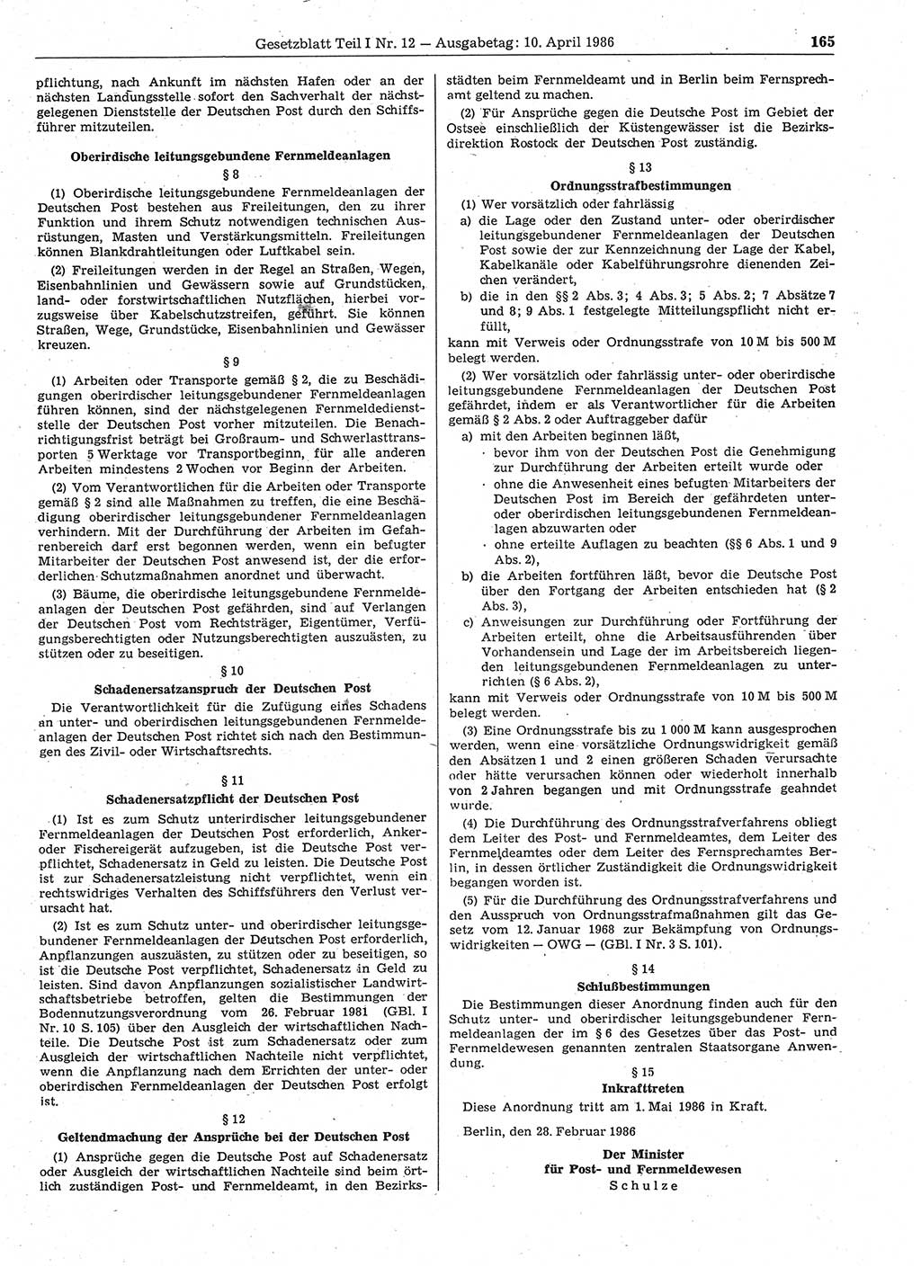 Gesetzblatt (GBl.) der Deutschen Demokratischen Republik (DDR) Teil Ⅰ 1986, Seite 165 (GBl. DDR Ⅰ 1986, S. 165)