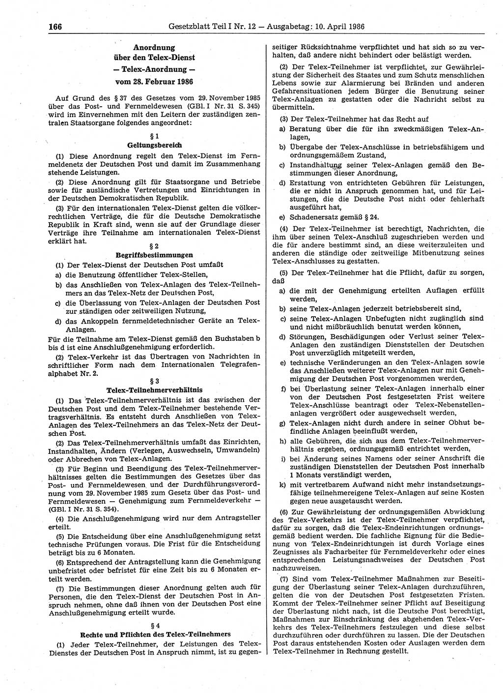 Gesetzblatt (GBl.) der Deutschen Demokratischen Republik (DDR) Teil Ⅰ 1986, Seite 166 (GBl. DDR Ⅰ 1986, S. 166)