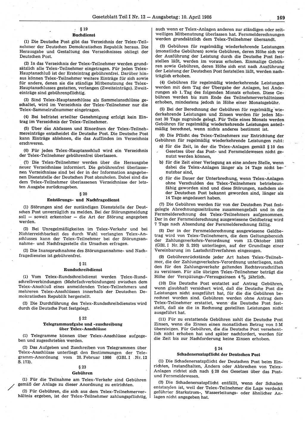 Gesetzblatt (GBl.) der Deutschen Demokratischen Republik (DDR) Teil Ⅰ 1986, Seite 169 (GBl. DDR Ⅰ 1986, S. 169)