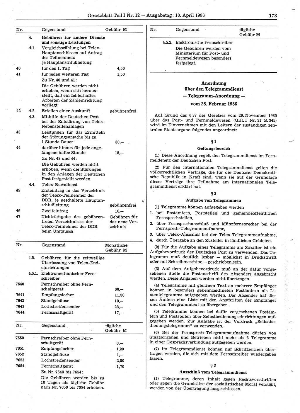 Gesetzblatt (GBl.) der Deutschen Demokratischen Republik (DDR) Teil Ⅰ 1986, Seite 173 (GBl. DDR Ⅰ 1986, S. 173)