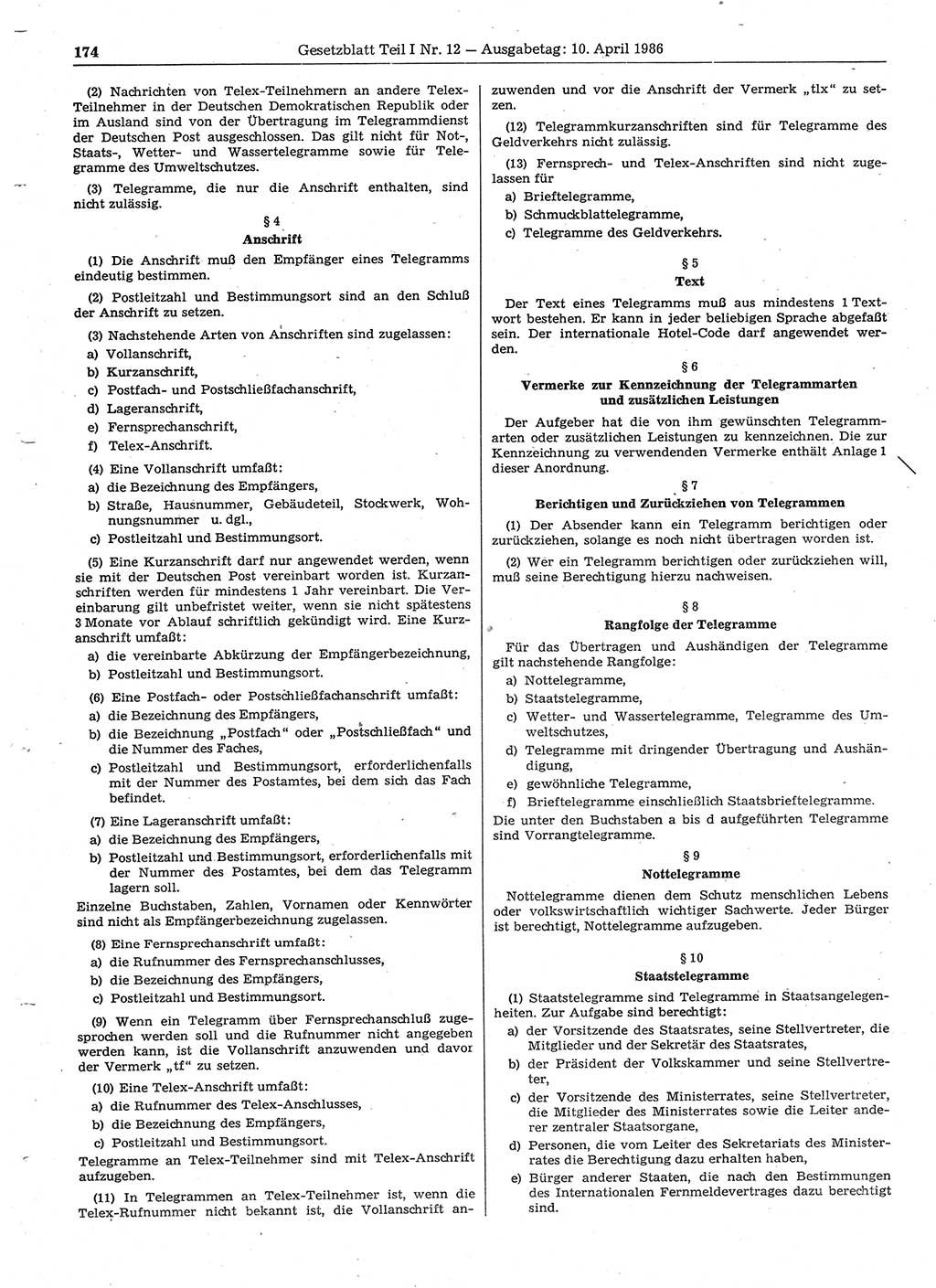 Gesetzblatt (GBl.) der Deutschen Demokratischen Republik (DDR) Teil Ⅰ 1986, Seite 174 (GBl. DDR Ⅰ 1986, S. 174)