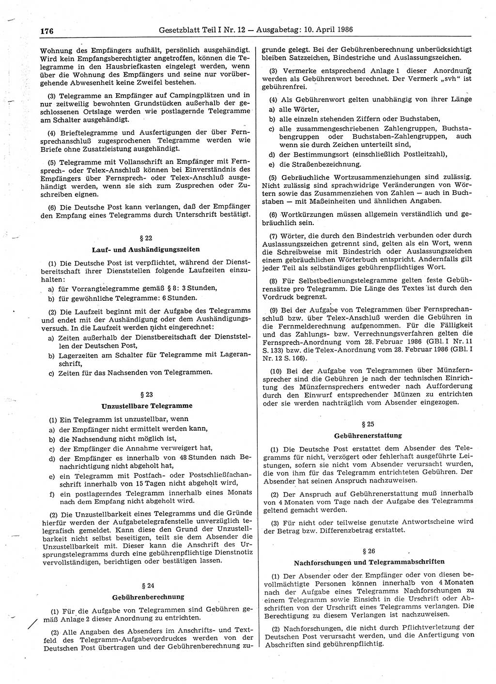 Gesetzblatt (GBl.) der Deutschen Demokratischen Republik (DDR) Teil Ⅰ 1986, Seite 176 (GBl. DDR Ⅰ 1986, S. 176)