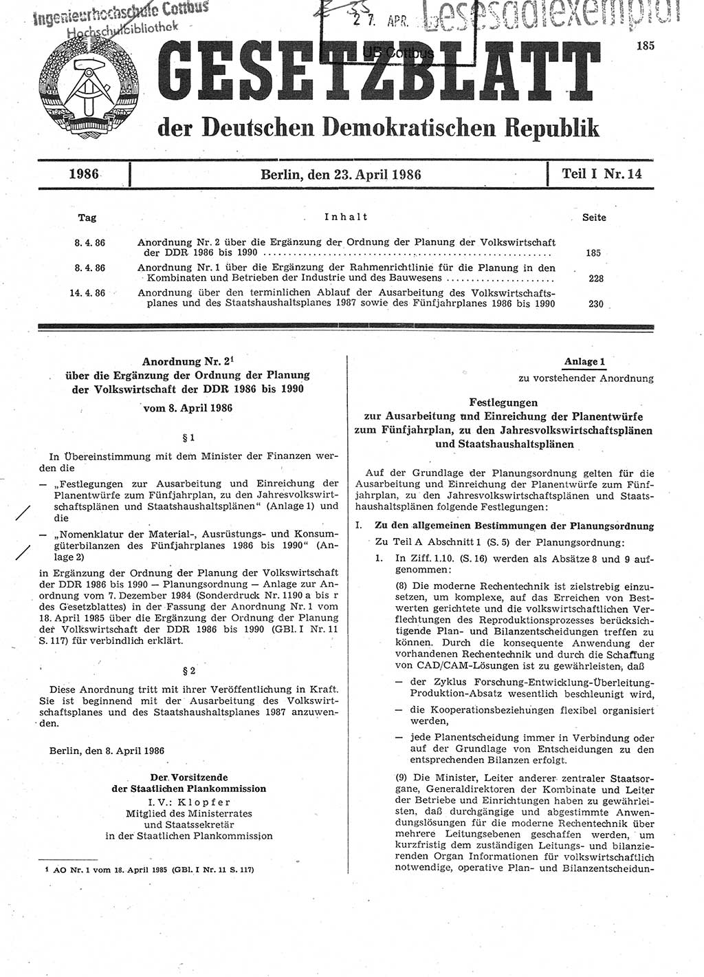 Gesetzblatt (GBl.) der Deutschen Demokratischen Republik (DDR) Teil Ⅰ 1986, Seite 185 (GBl. DDR Ⅰ 1986, S. 185)