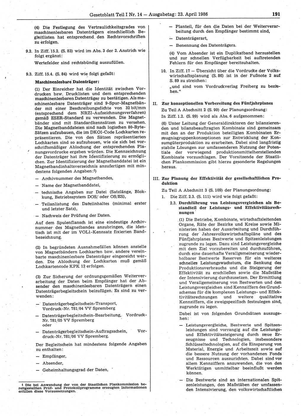 Gesetzblatt (GBl.) der Deutschen Demokratischen Republik (DDR) Teil Ⅰ 1986, Seite 191 (GBl. DDR Ⅰ 1986, S. 191)