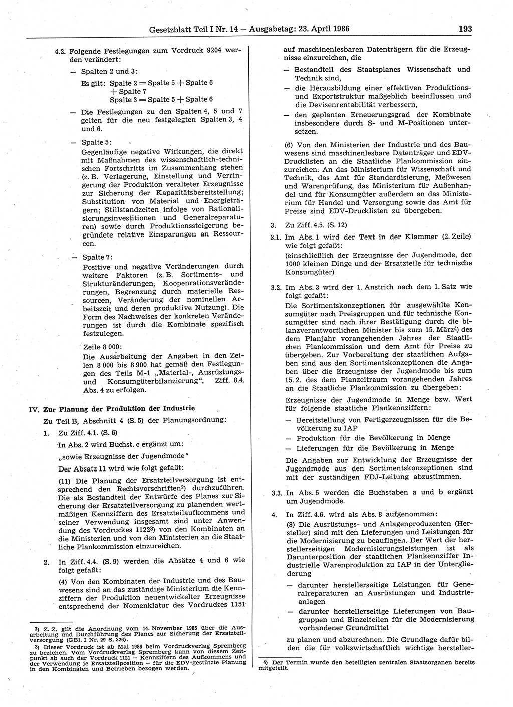 Gesetzblatt (GBl.) der Deutschen Demokratischen Republik (DDR) Teil Ⅰ 1986, Seite 193 (GBl. DDR Ⅰ 1986, S. 193)