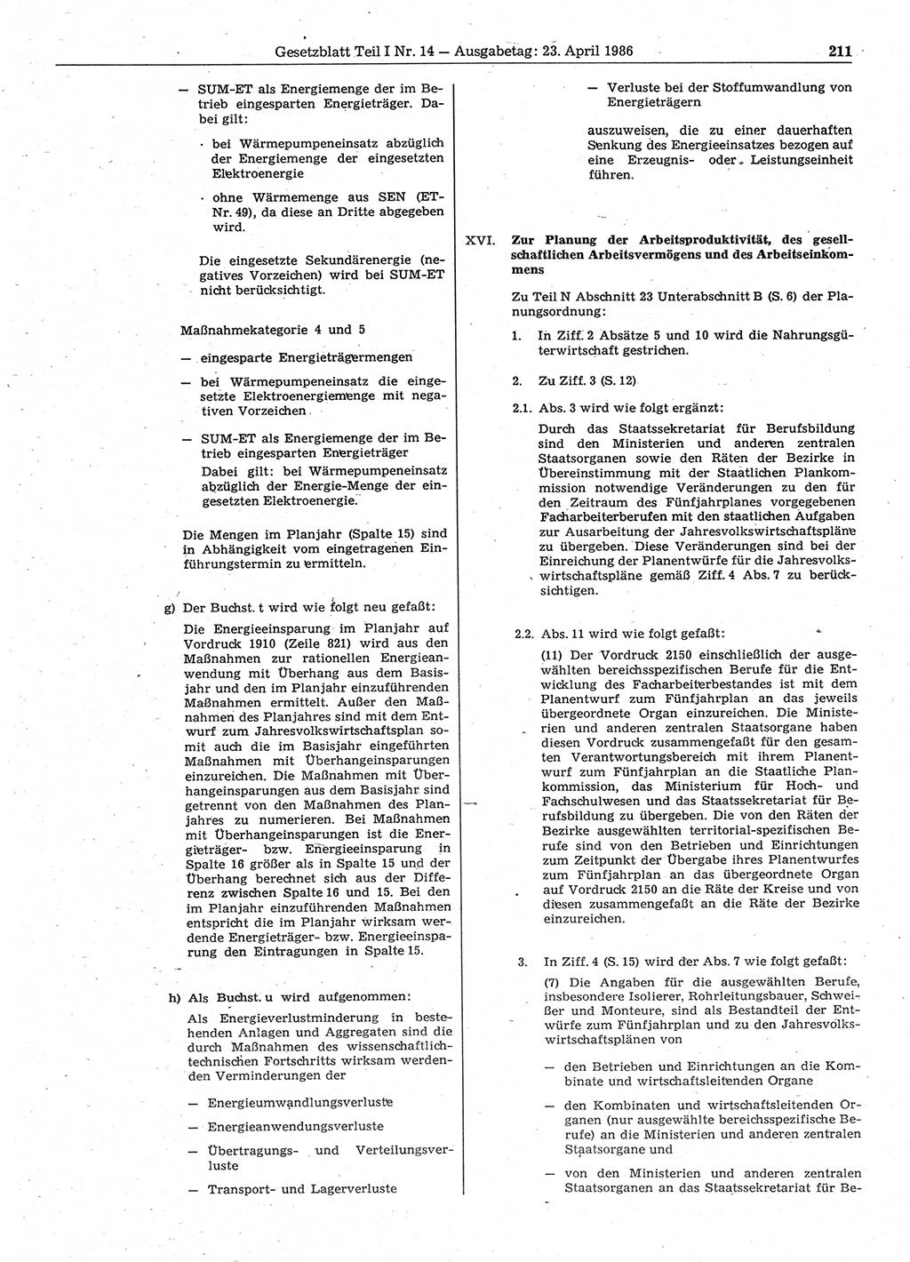 Gesetzblatt (GBl.) der Deutschen Demokratischen Republik (DDR) Teil Ⅰ 1986, Seite 211 (GBl. DDR Ⅰ 1986, S. 211)