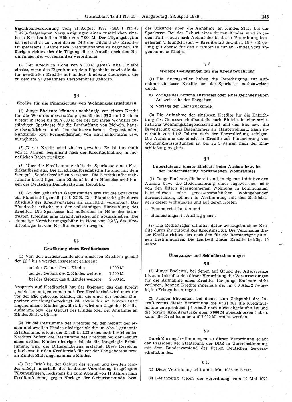 Gesetzblatt (GBl.) der Deutschen Demokratischen Republik (DDR) Teil Ⅰ 1986, Seite 245 (GBl. DDR Ⅰ 1986, S. 245)