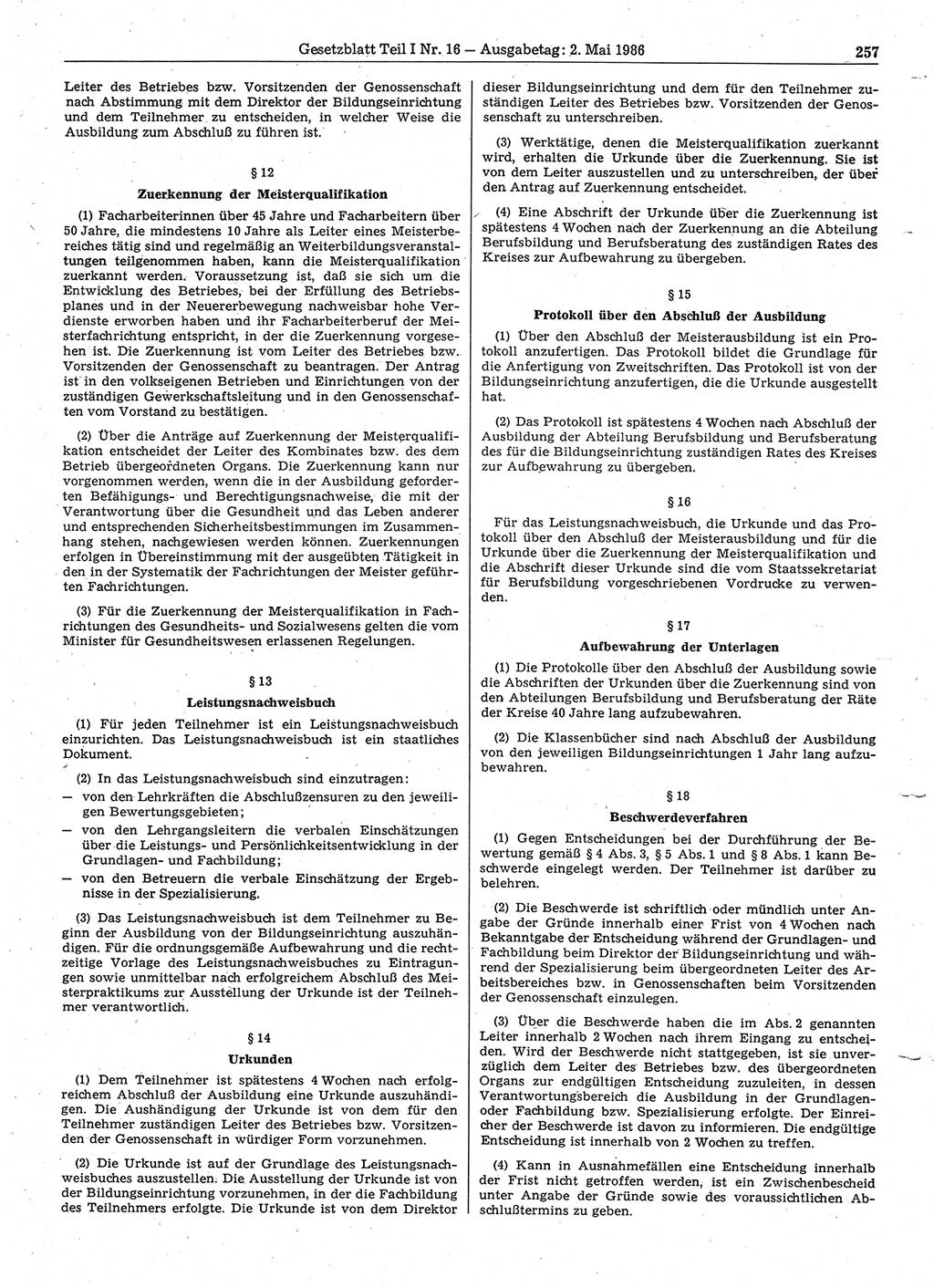 Gesetzblatt (GBl.) der Deutschen Demokratischen Republik (DDR) Teil Ⅰ 1986, Seite 257 (GBl. DDR Ⅰ 1986, S. 257)
