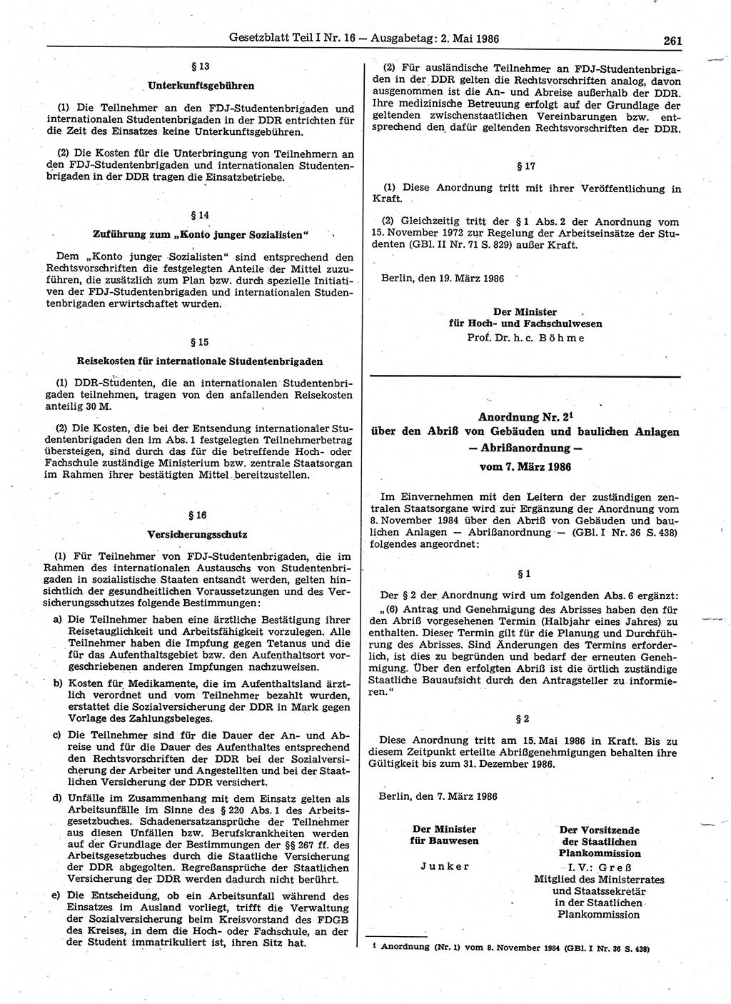 Gesetzblatt (GBl.) der Deutschen Demokratischen Republik (DDR) Teil Ⅰ 1986, Seite 261 (GBl. DDR Ⅰ 1986, S. 261)