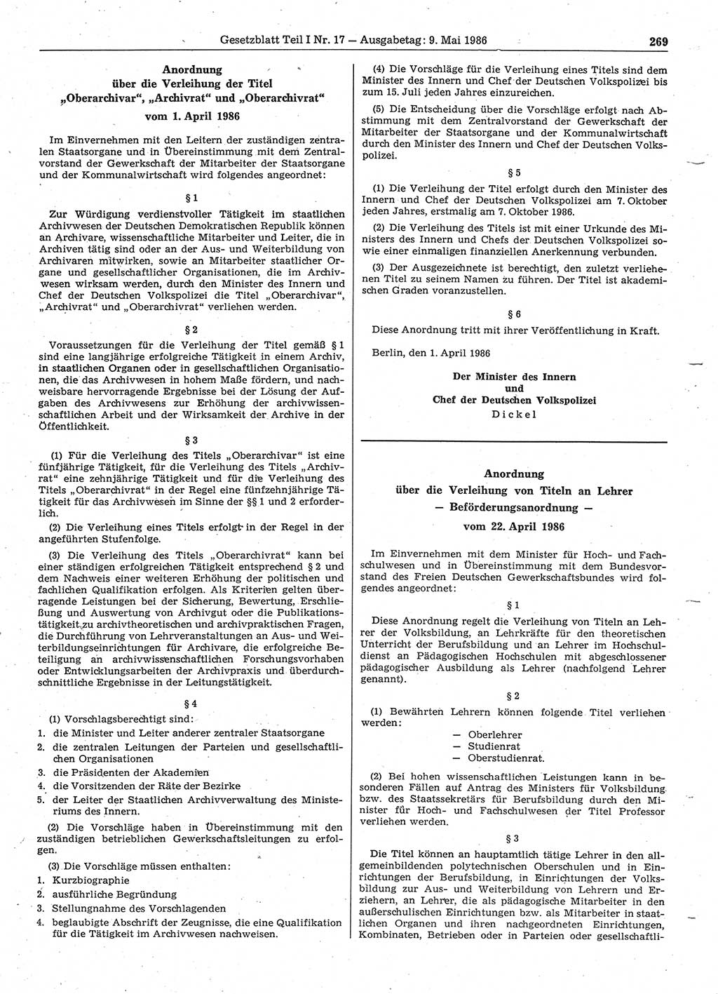 Gesetzblatt (GBl.) der Deutschen Demokratischen Republik (DDR) Teil Ⅰ 1986, Seite 269 (GBl. DDR Ⅰ 1986, S. 269)