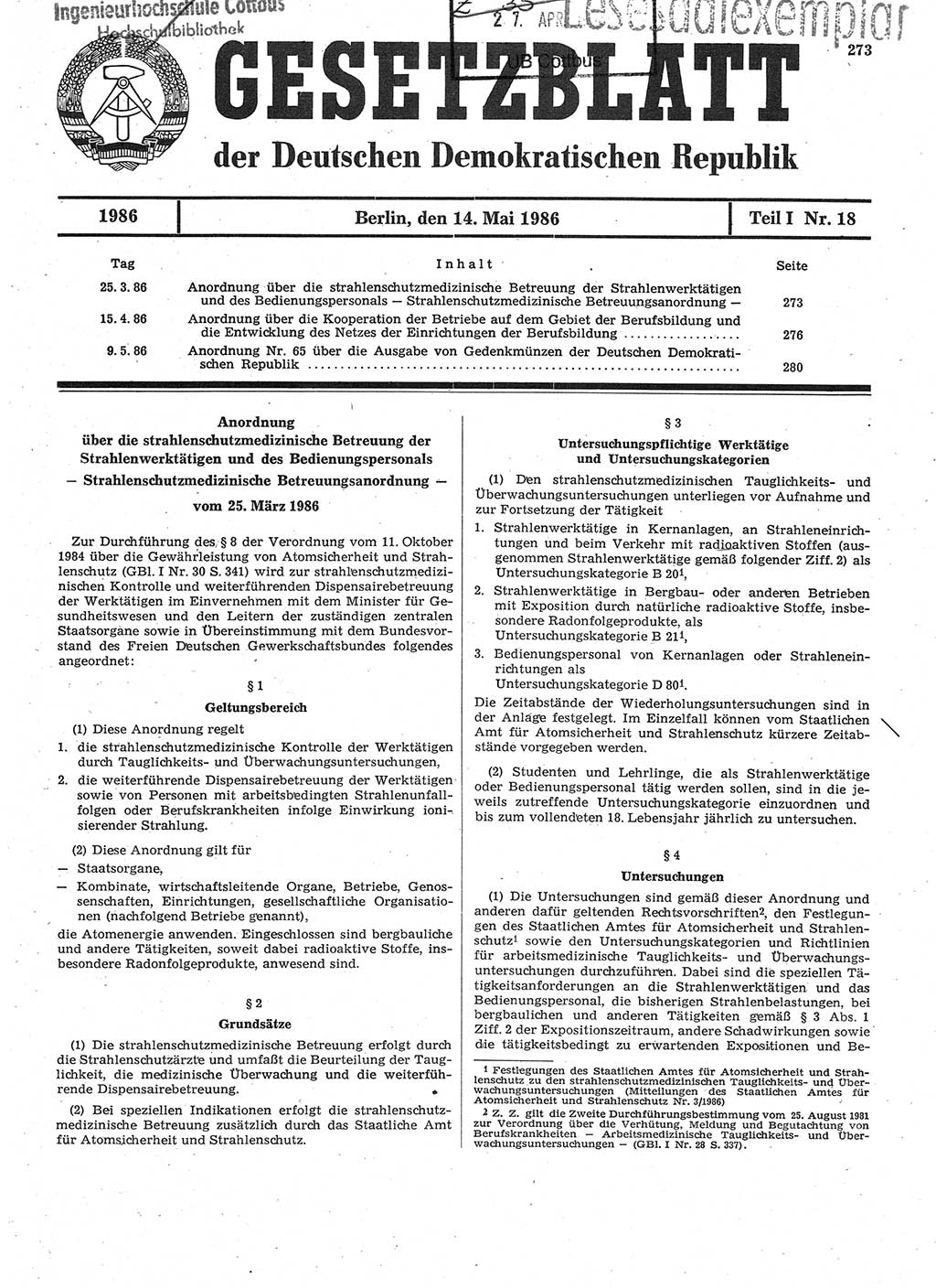 Gesetzblatt (GBl.) der Deutschen Demokratischen Republik (DDR) Teil Ⅰ 1986, Seite 273 (GBl. DDR Ⅰ 1986, S. 273)