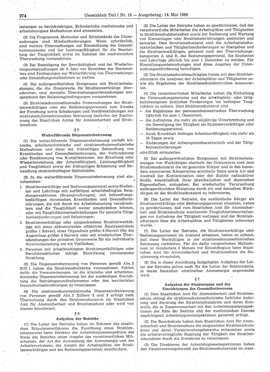 Gesetzblatt (GBl.) der Deutschen Demokratischen Republik (DDR) Teil Ⅰ 1986, Seite 274 (GBl. DDR Ⅰ 1986, S. 274)