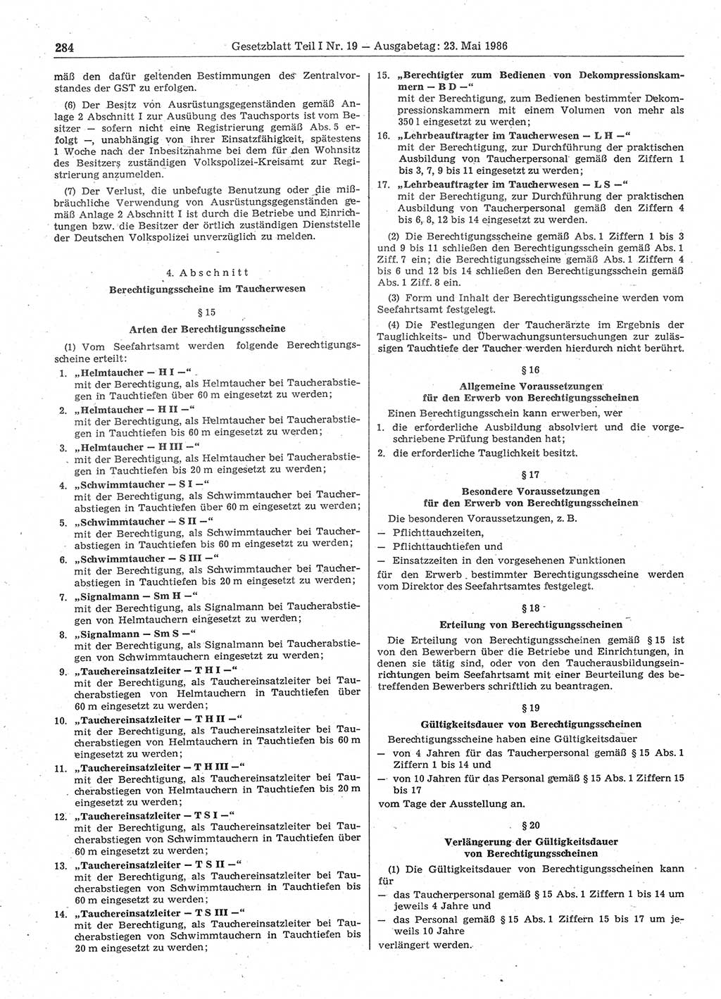 Gesetzblatt (GBl.) der Deutschen Demokratischen Republik (DDR) Teil Ⅰ 1986, Seite 284 (GBl. DDR Ⅰ 1986, S. 284)