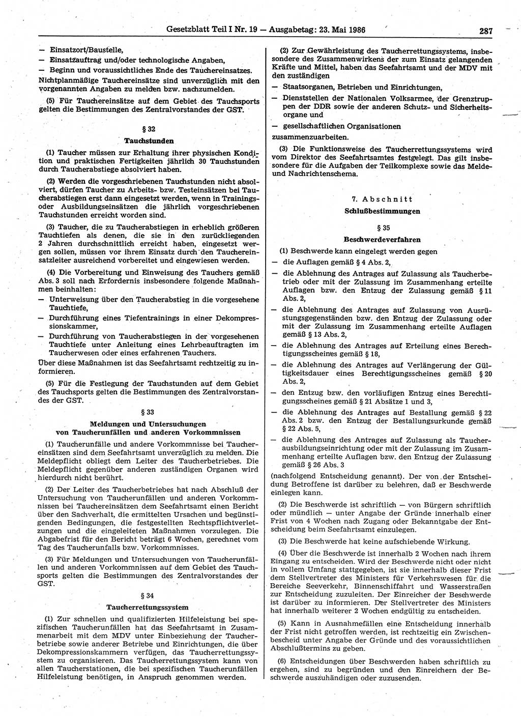 Gesetzblatt (GBl.) der Deutschen Demokratischen Republik (DDR) Teil Ⅰ 1986, Seite 287 (GBl. DDR Ⅰ 1986, S. 287)