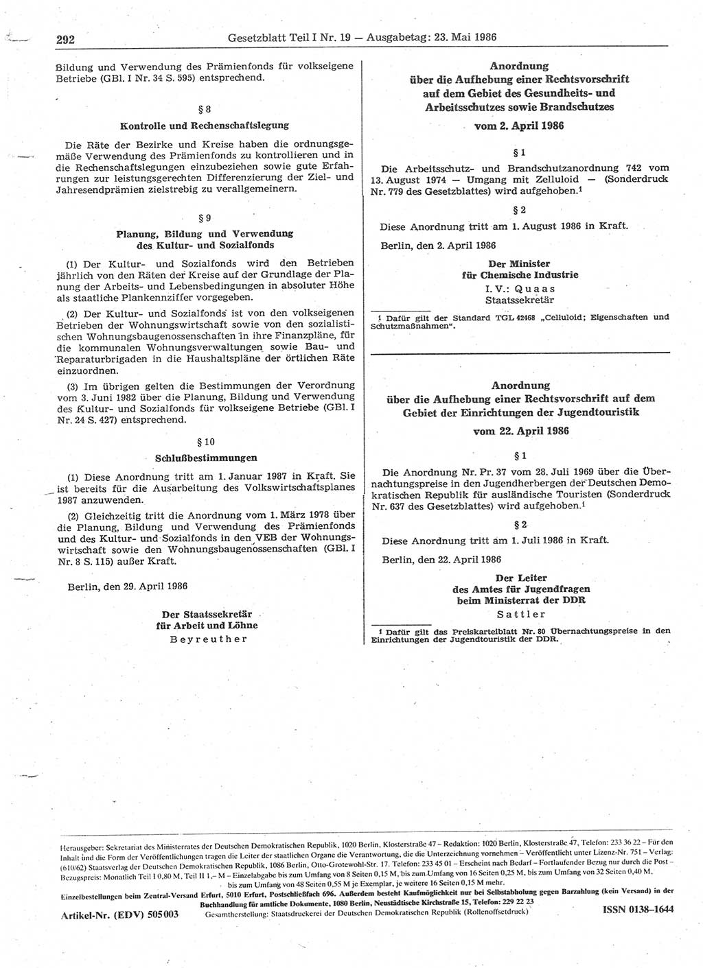 Gesetzblatt (GBl.) der Deutschen Demokratischen Republik (DDR) Teil Ⅰ 1986, Seite 292 (GBl. DDR Ⅰ 1986, S. 292)